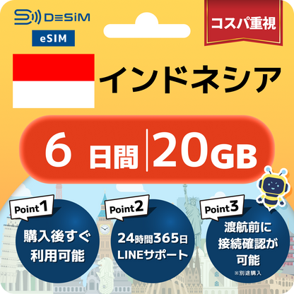インドネシア eSIM（ 1~10日間）500MB～50GB選択可能 即日開通 テザリング対応