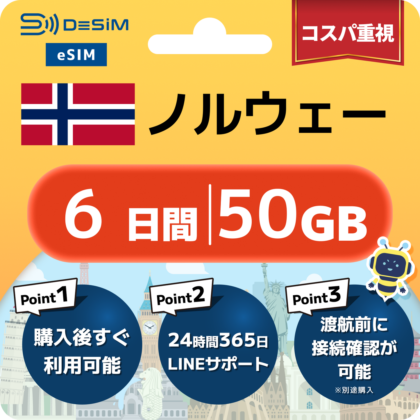 ノルウェー eSIM（ 1~10日間）500MB～50GB選択可能 即日開通 テザリング対応