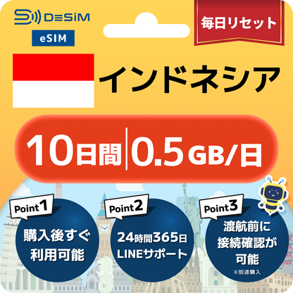 インドネシア eSIM（ 1~10日間）500MB～50GB選択可能 即日開通 テザリング対応