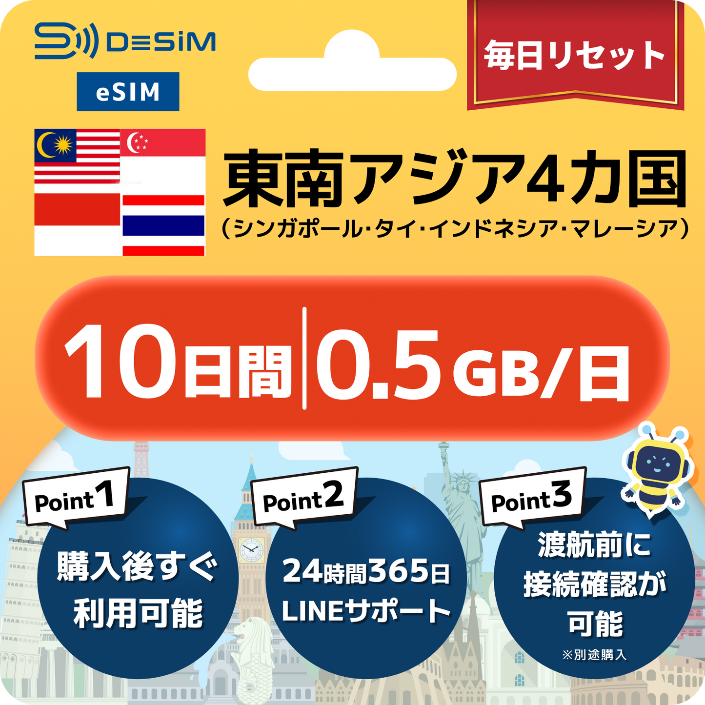 東南アジア eSIM（ 1~10日間）500MB～50GB選択可能 即日開通 テザリング対応