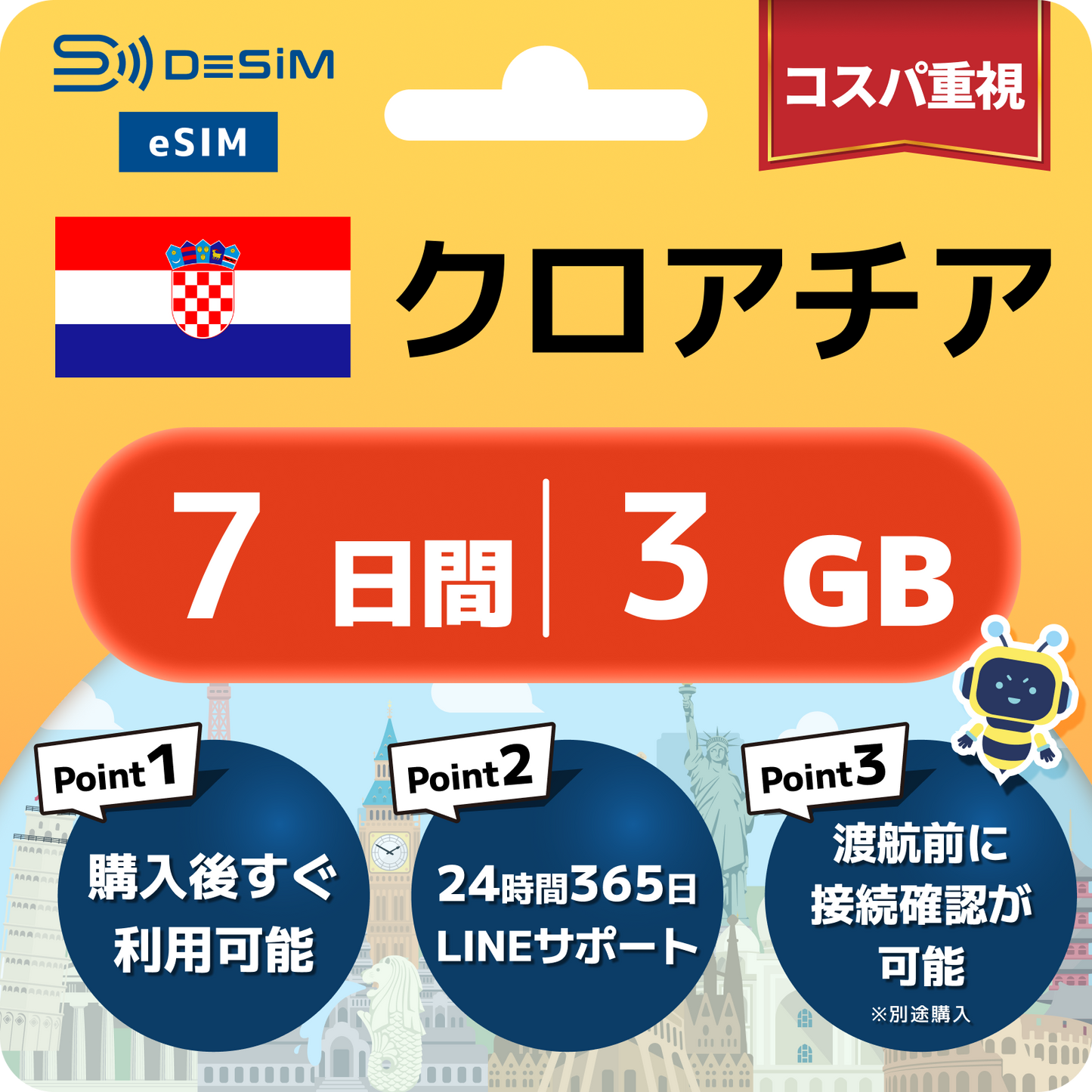 クロアチア eSIM（ 1~10日間）500MB～50GB選択可能 即日開通 テザリング対応