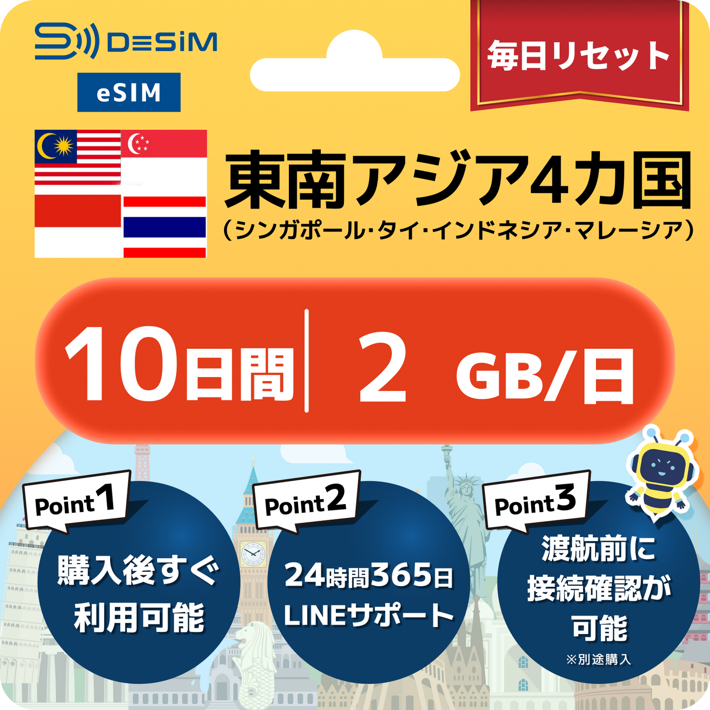 東南アジア eSIM（ 1~10日間）500MB～50GB選択可能 即日開通 テザリング対応
