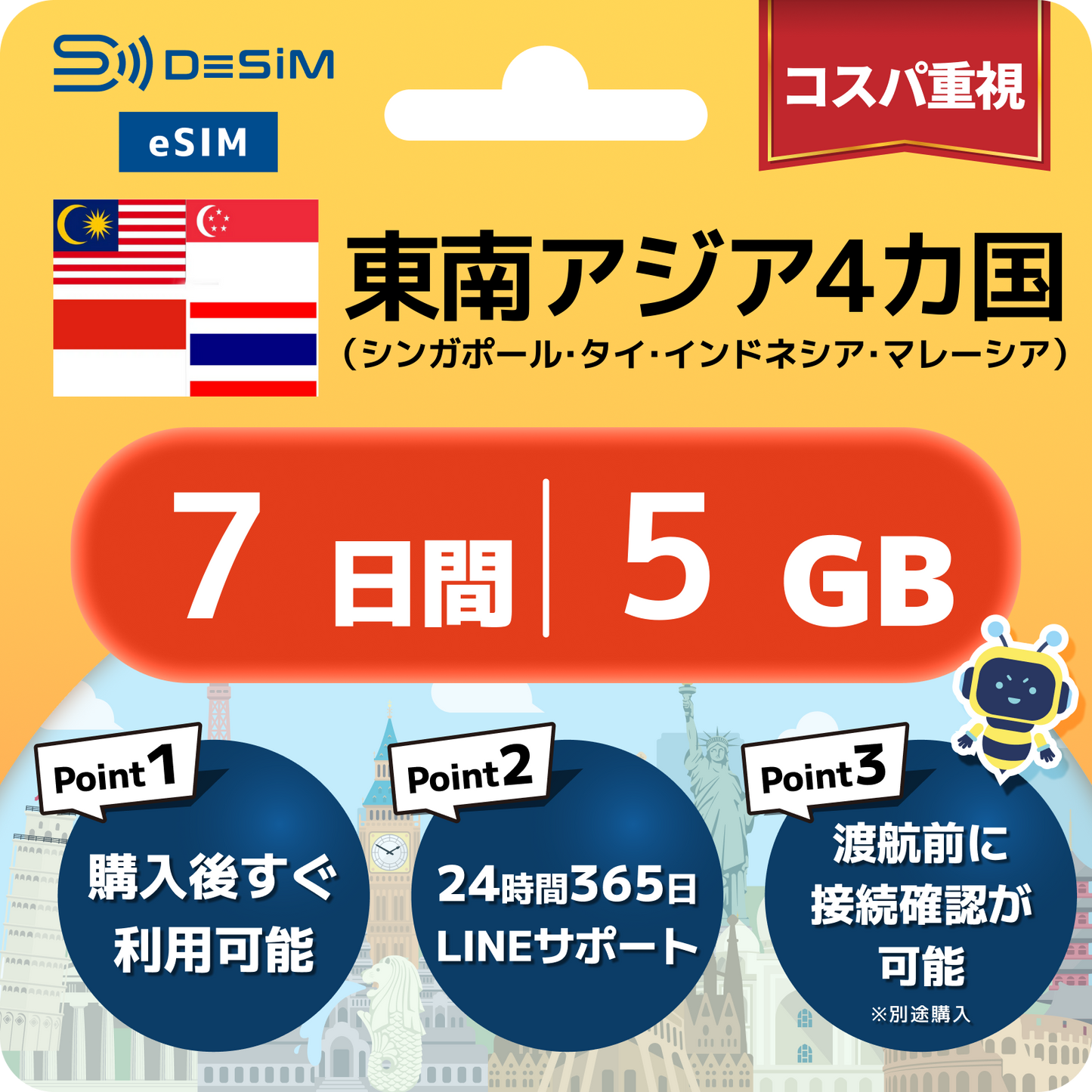 東南アジア eSIM（ 1~10日間）500MB～50GB選択可能 即日開通 テザリング対応