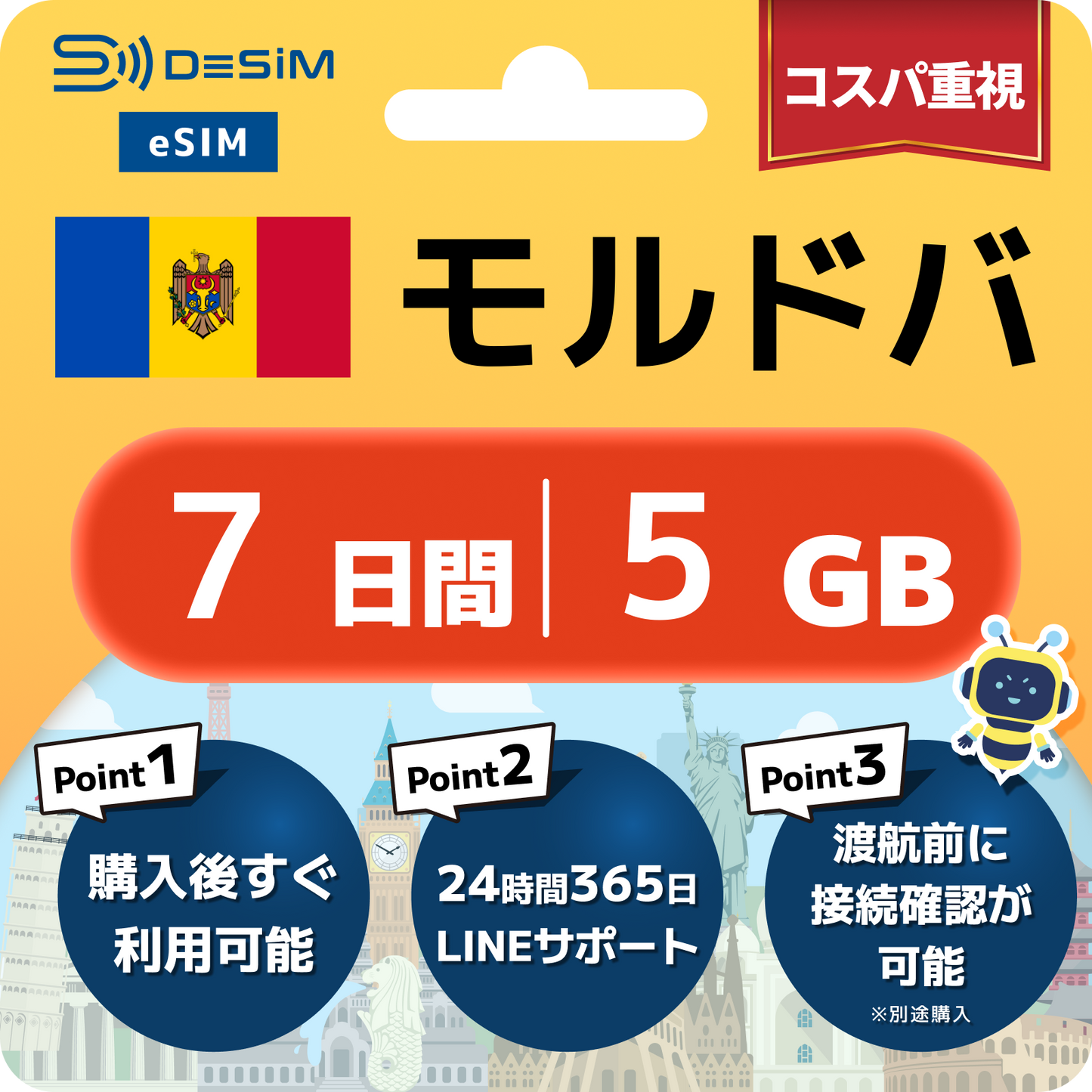 モルドバ eSIM（ 1~10日間）500MB～50GB選択可能 即日開通 テザリング対応