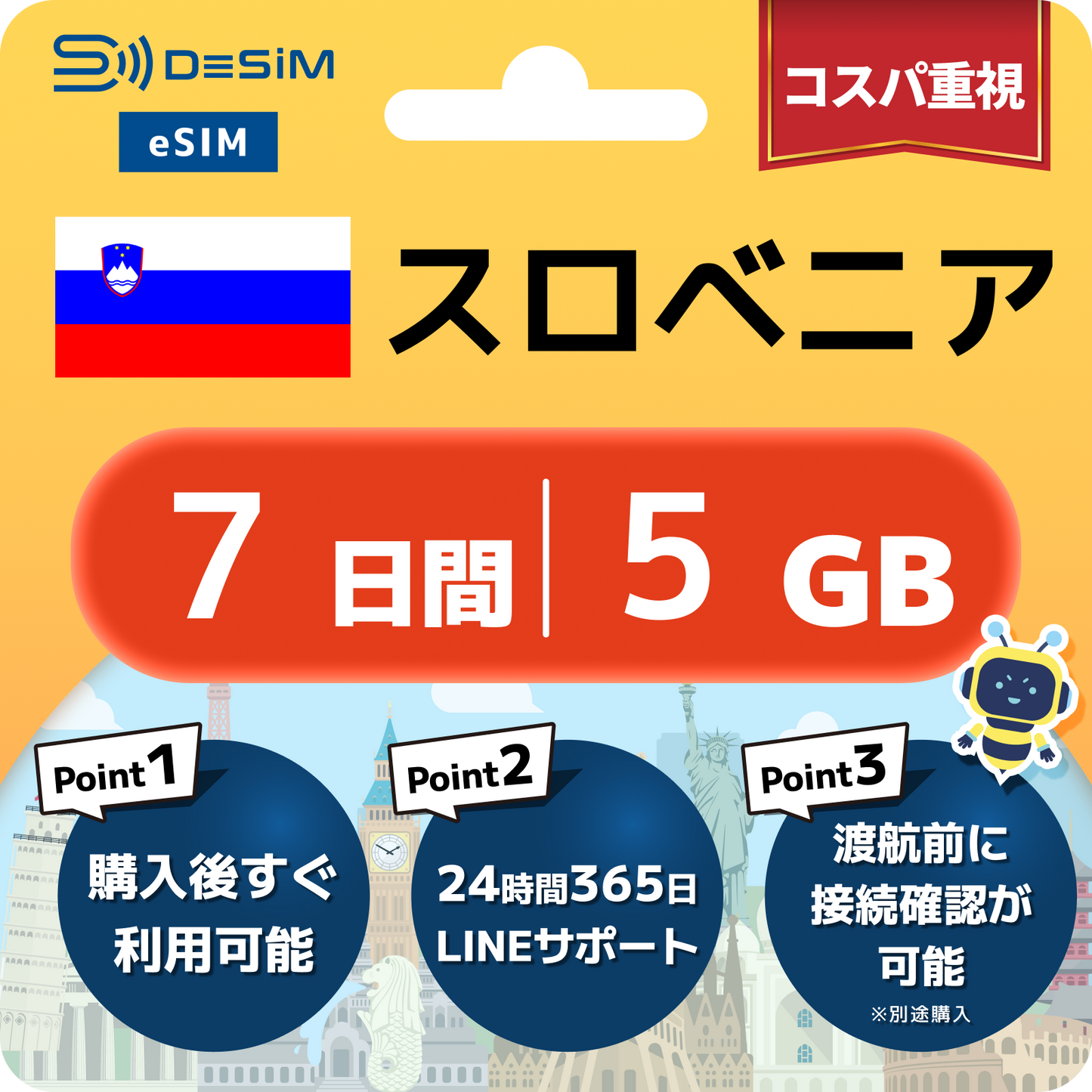 スロベニア eSIM（ 1~10日間）500MB～50GB選択可能 即日開通 テザリング対応