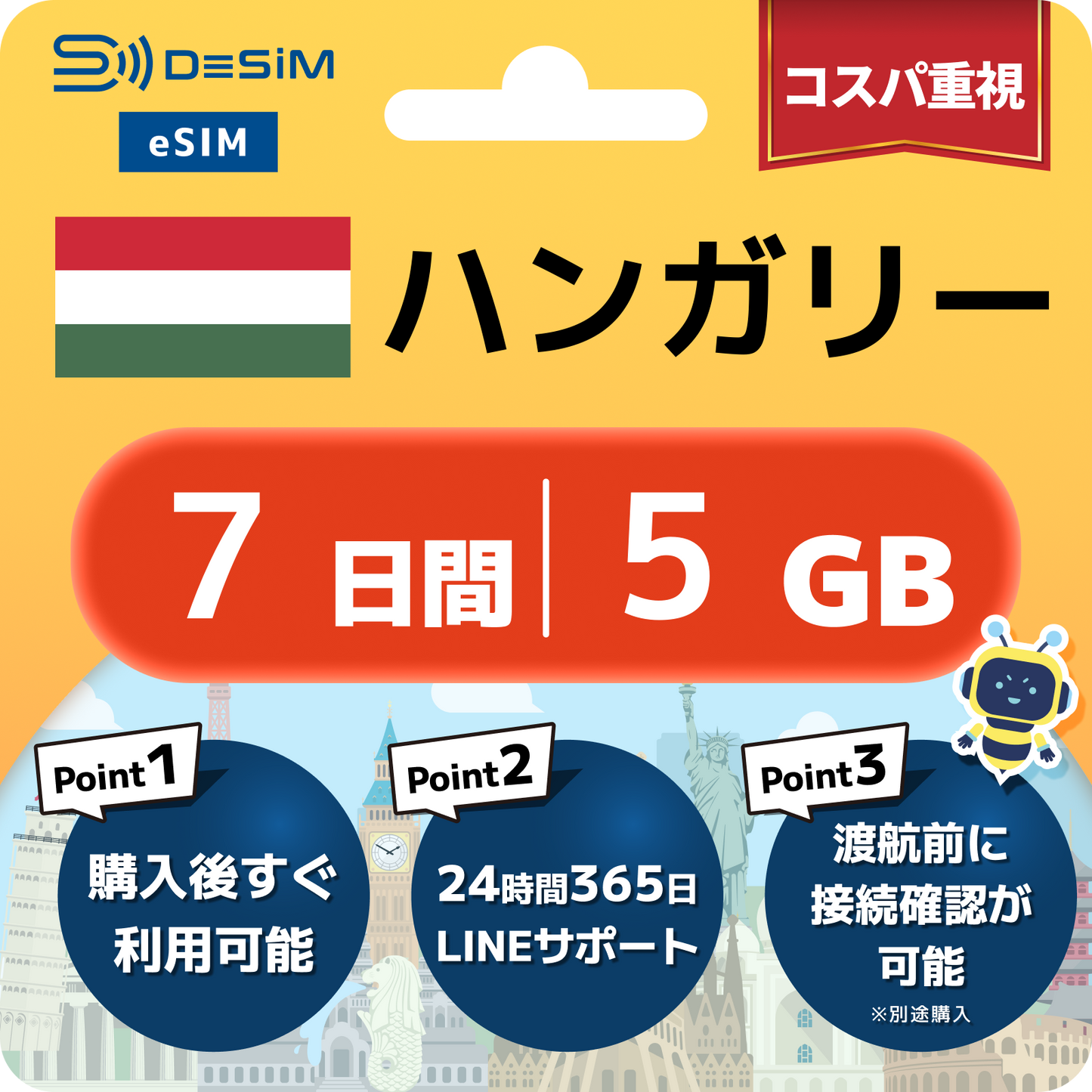 ハンガリー eSIM（ 1~10日間）500MB～50GB選択可能 即日開通 テザリング対応