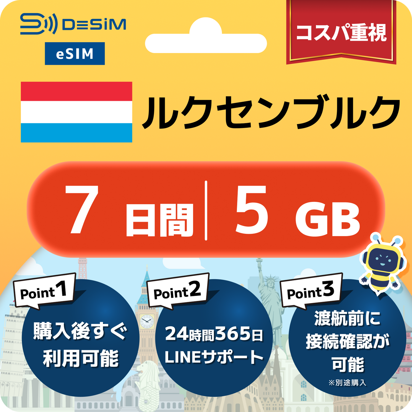 ルクセンブルク eSIM（ 1~10日間）500MB～50GB選択可能 即日開通 テザリング対応