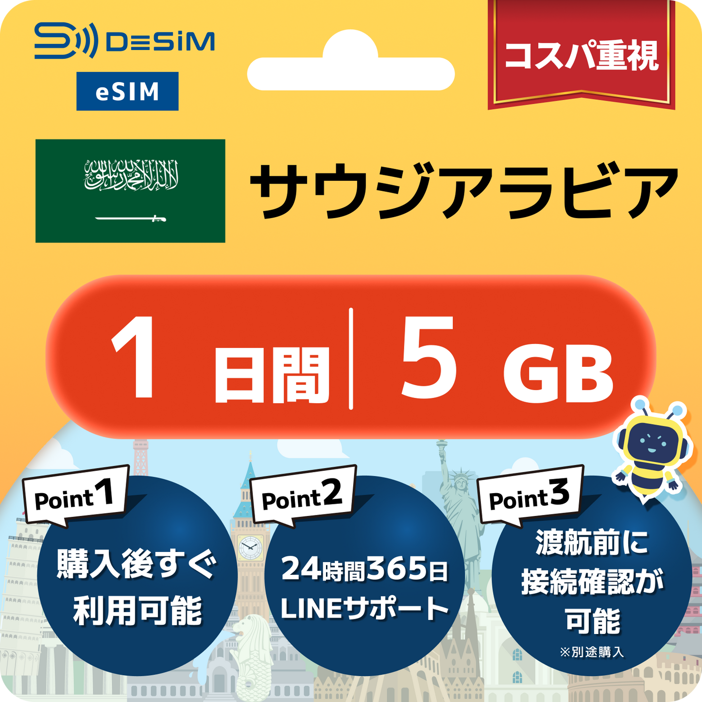 サウジアラビア eSIM（ 1~10日間）500MB～50GB選択可能 即日開通 テザリング対応