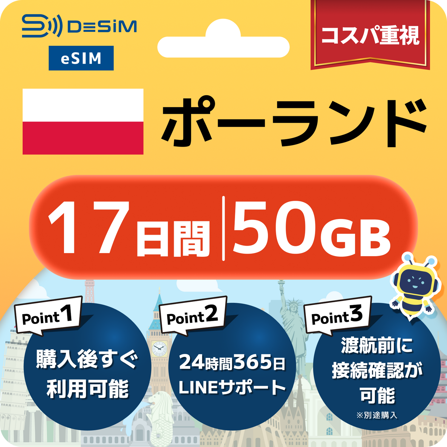 ポーランド eSIM（11~20日間）500MB～50GB選択可能 即日開通 テザリング対応