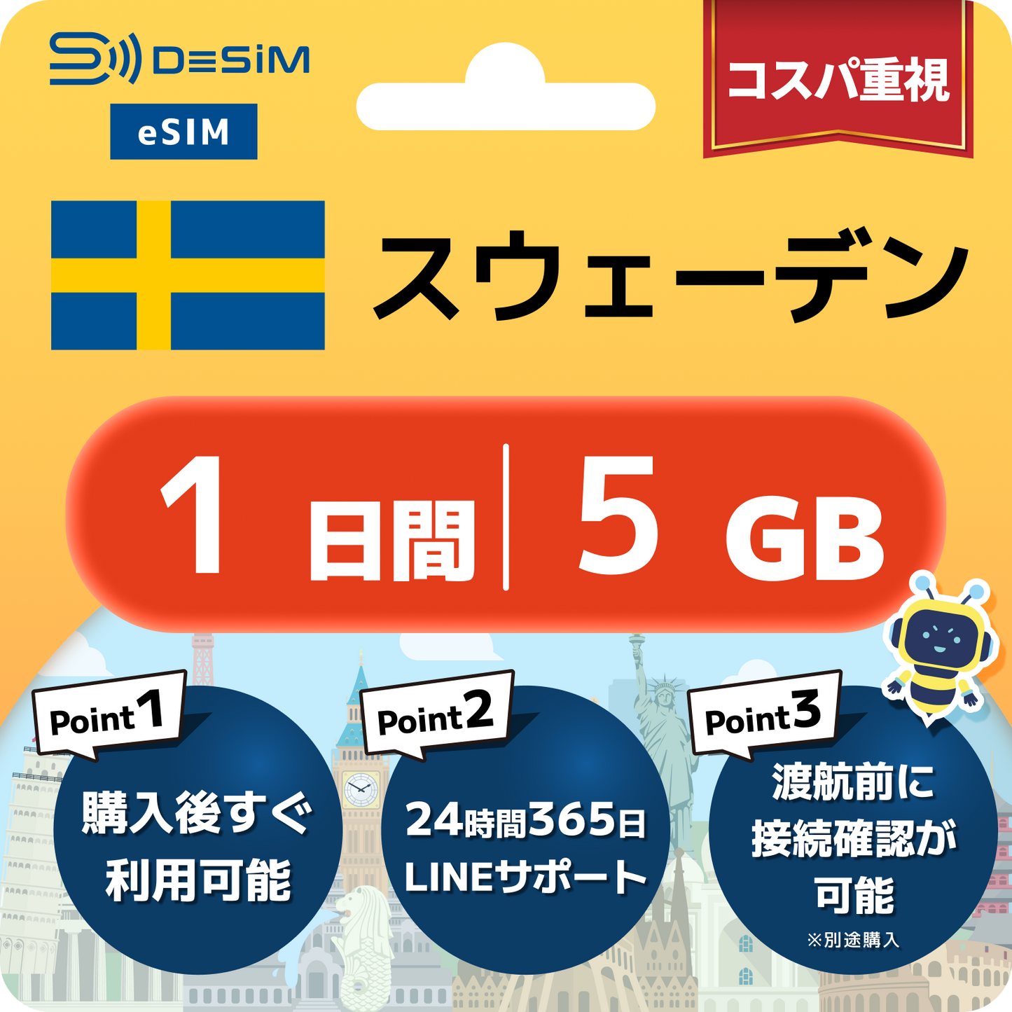 スウェーデン eSIM（ 1~10日間）500MB～50GB選択可能 即日開通 テザリング対応