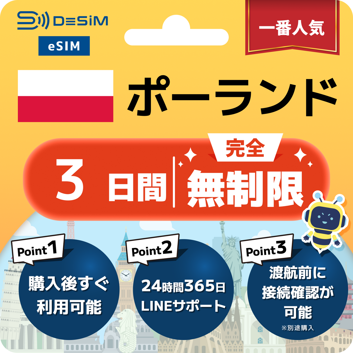 ポーランド eSIM（1~30日間） 完全無制限eSIM 即日開通 テザリング対応
