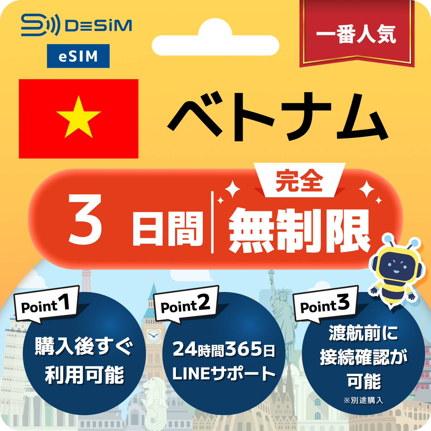 ベトナム eSIM（1~30日間） 完全無制限eSIM 即日開通 テザリング対応