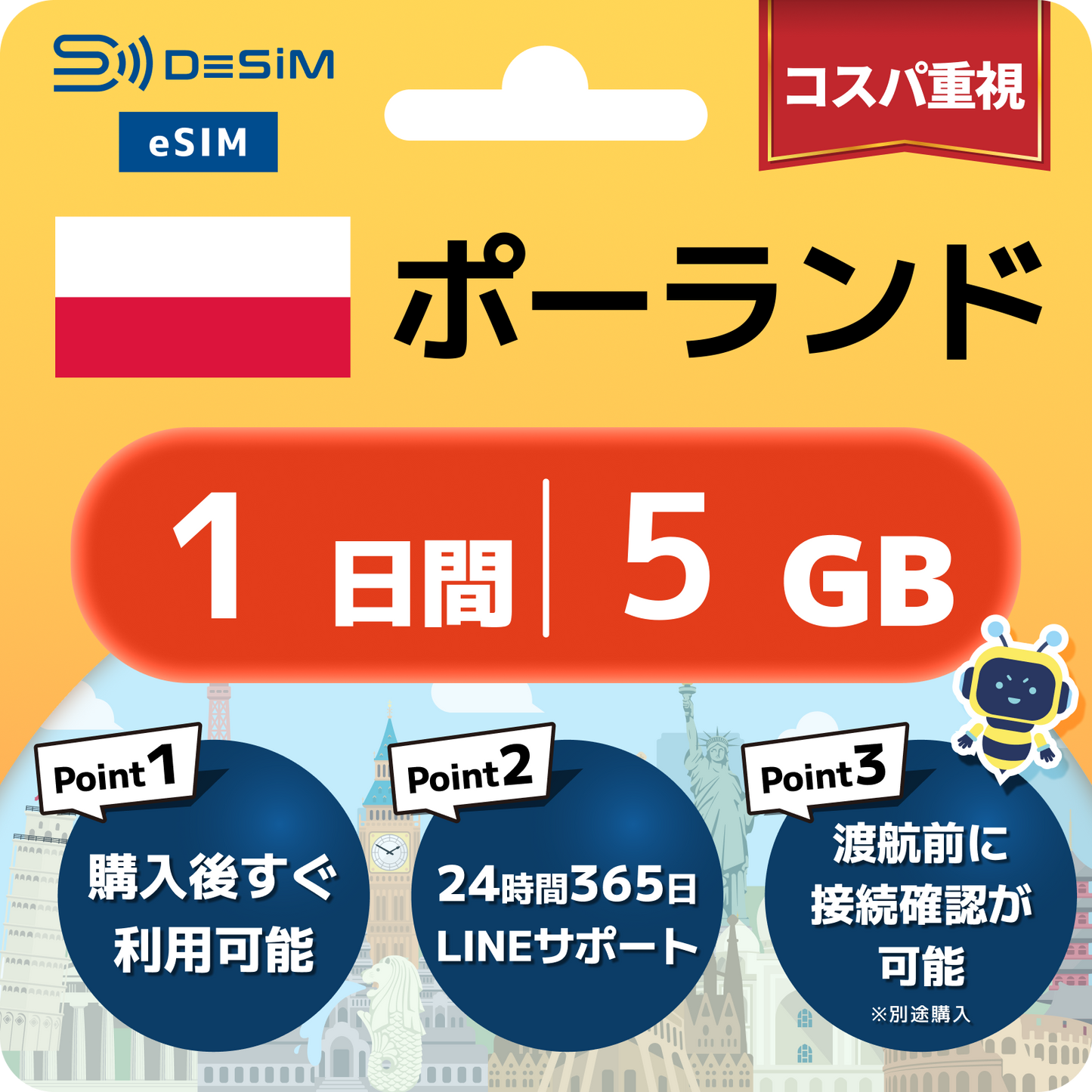 ポーランド eSIM（ 1~10日間）500MB～50GB選択可能 即日開通 テザリング対応