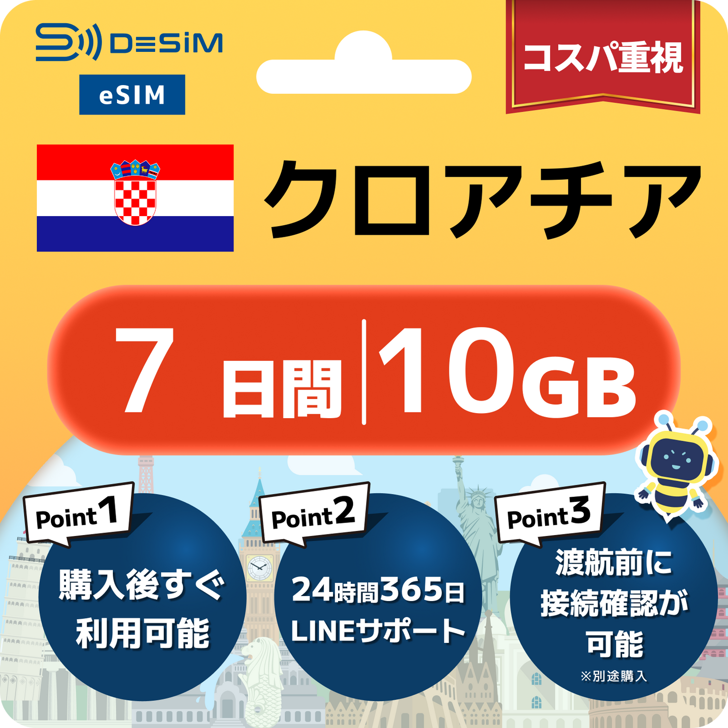クロアチア eSIM（ 1~10日間）500MB～50GB選択可能 即日開通 テザリング対応