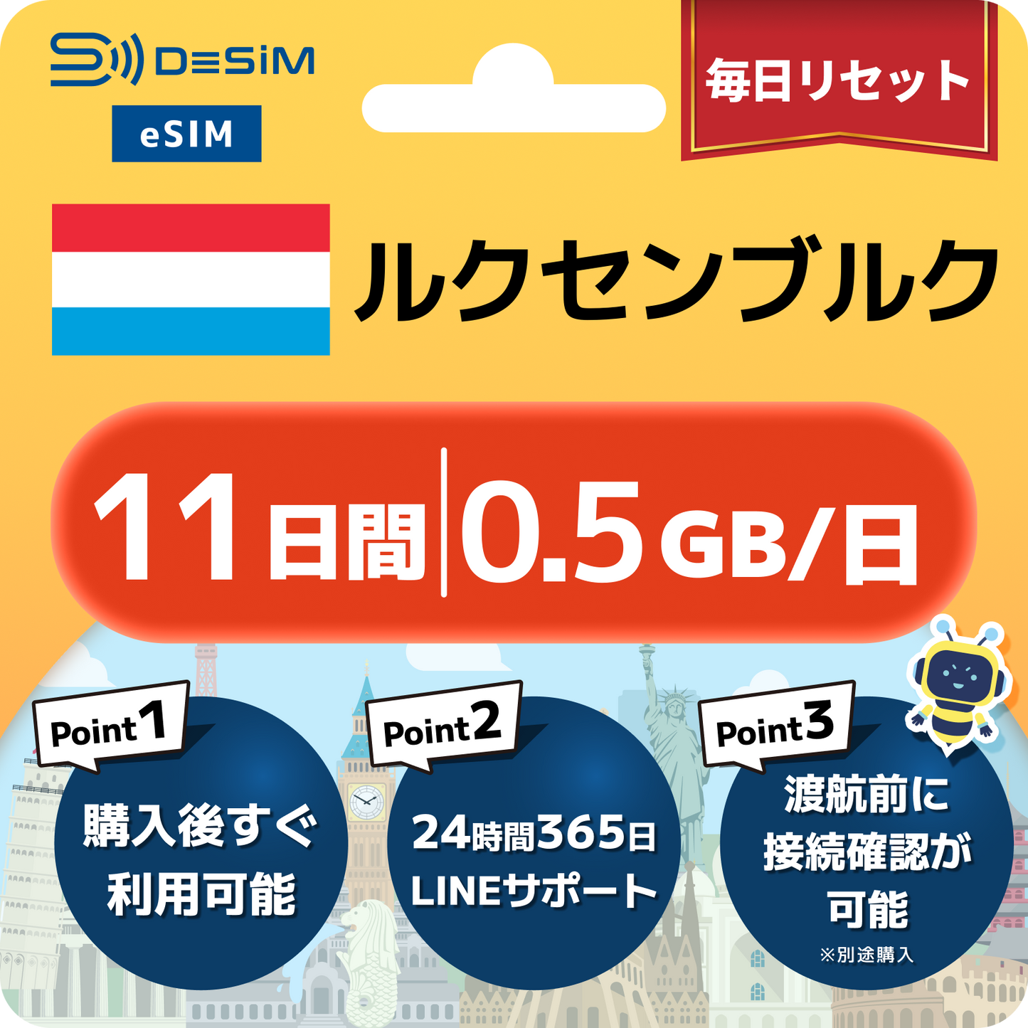 ルクセンブルク eSIM（11~20日間）500MB～50GB選択可能 即日開通 テザリング対応