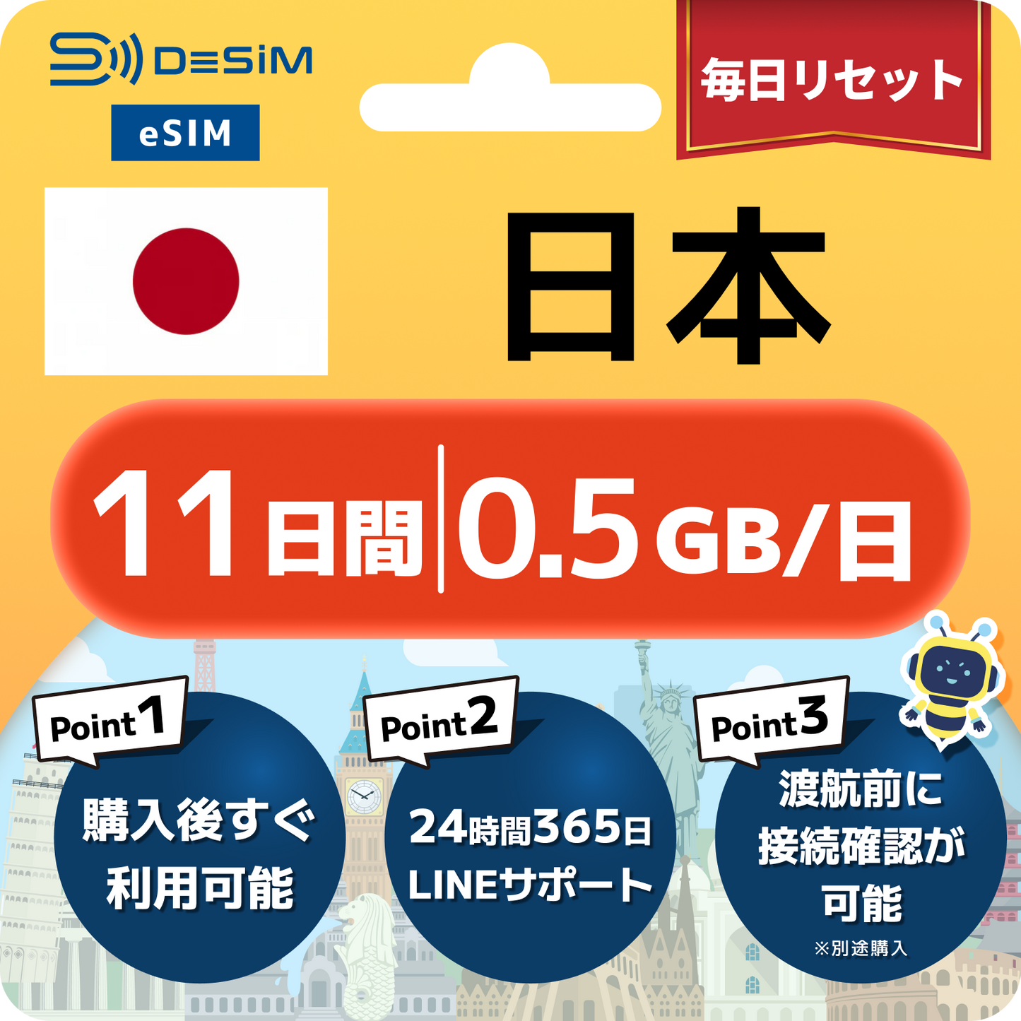 日本 eSIM（11~20日間）500MB～50GB選択可能 即日開通 テザリング対応