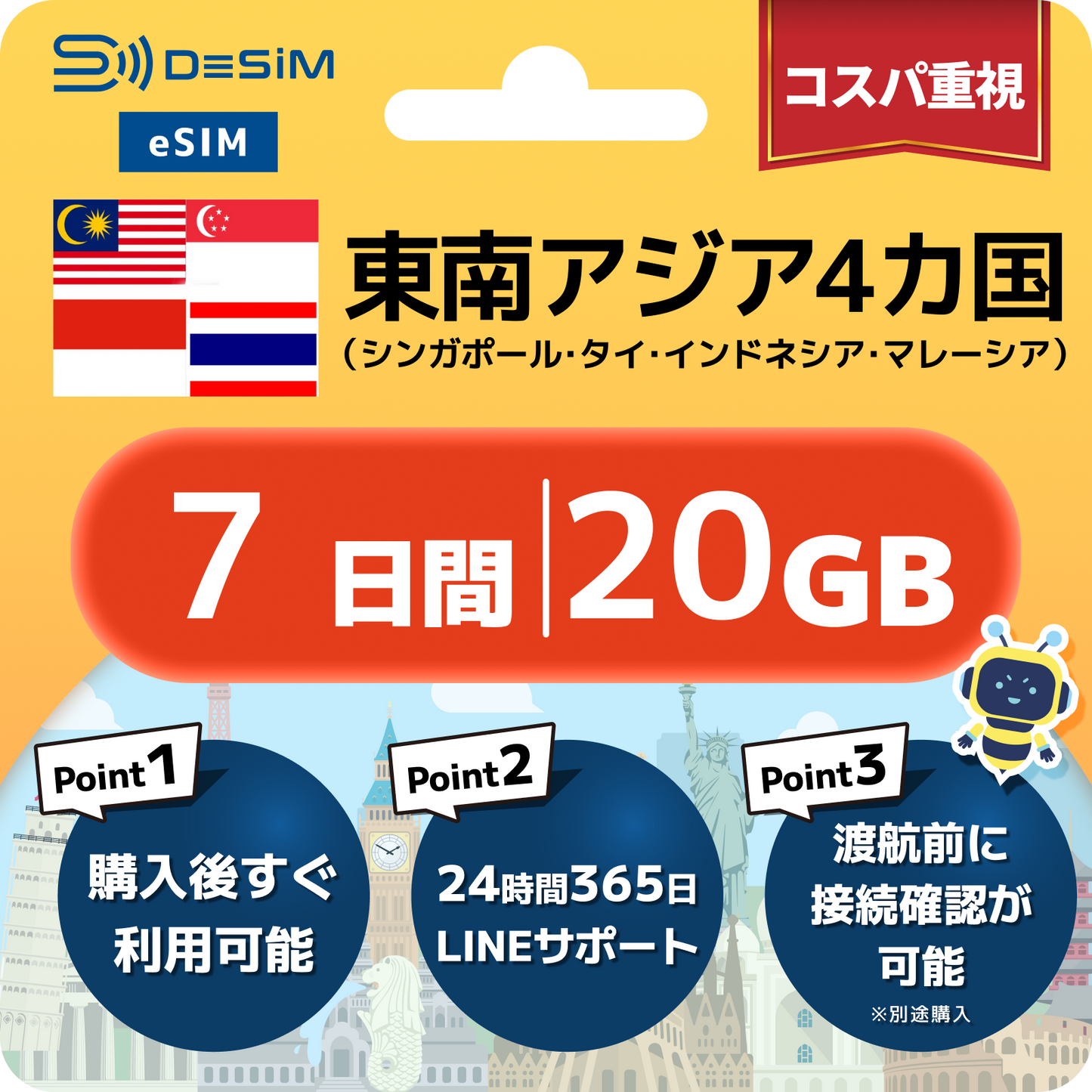 東南アジア eSIM（ 1~10日間）500MB～50GB選択可能 即日開通 テザリング対応