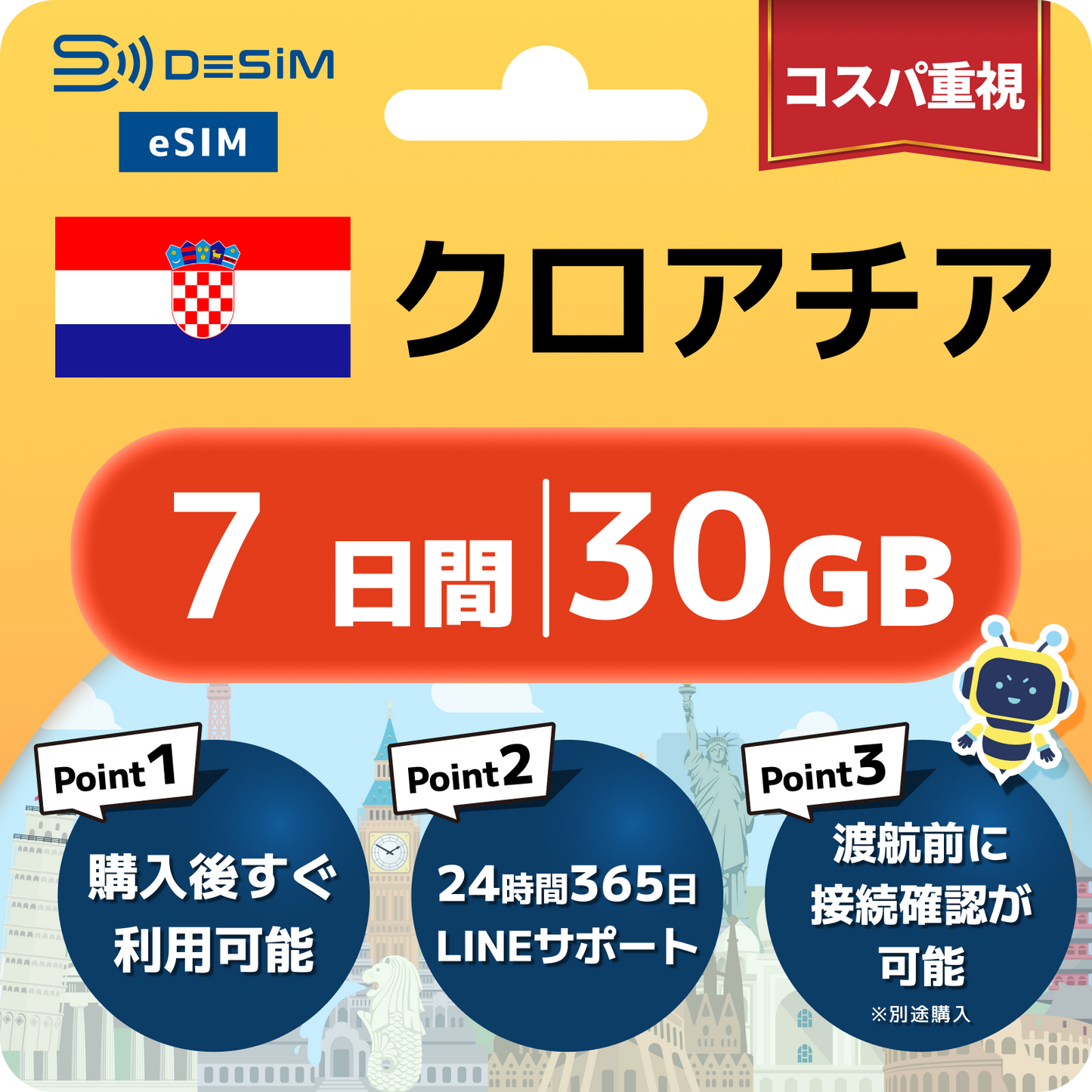 クロアチア eSIM（ 1~10日間）500MB～50GB選択可能 即日開通 テザリング対応