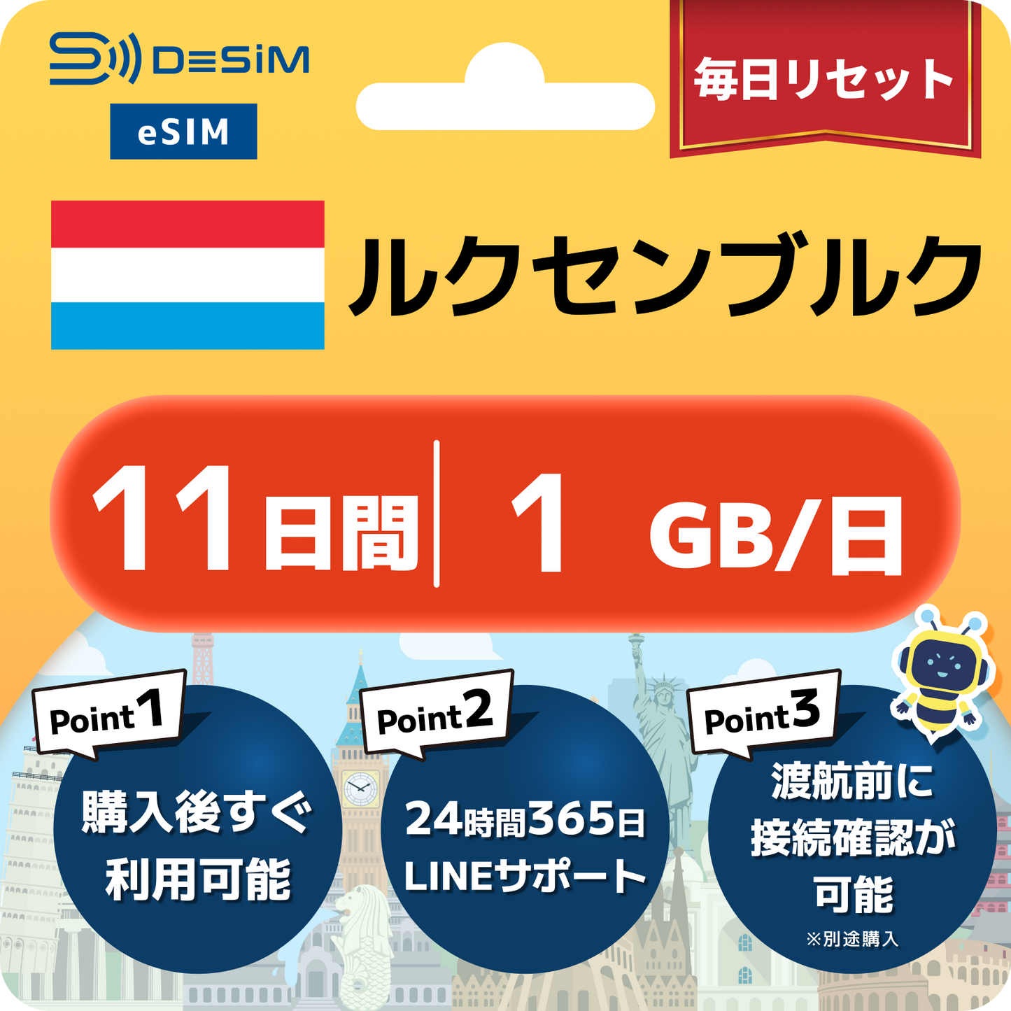 ルクセンブルク eSIM（11~20日間）500MB～50GB選択可能 即日開通 テザリング対応