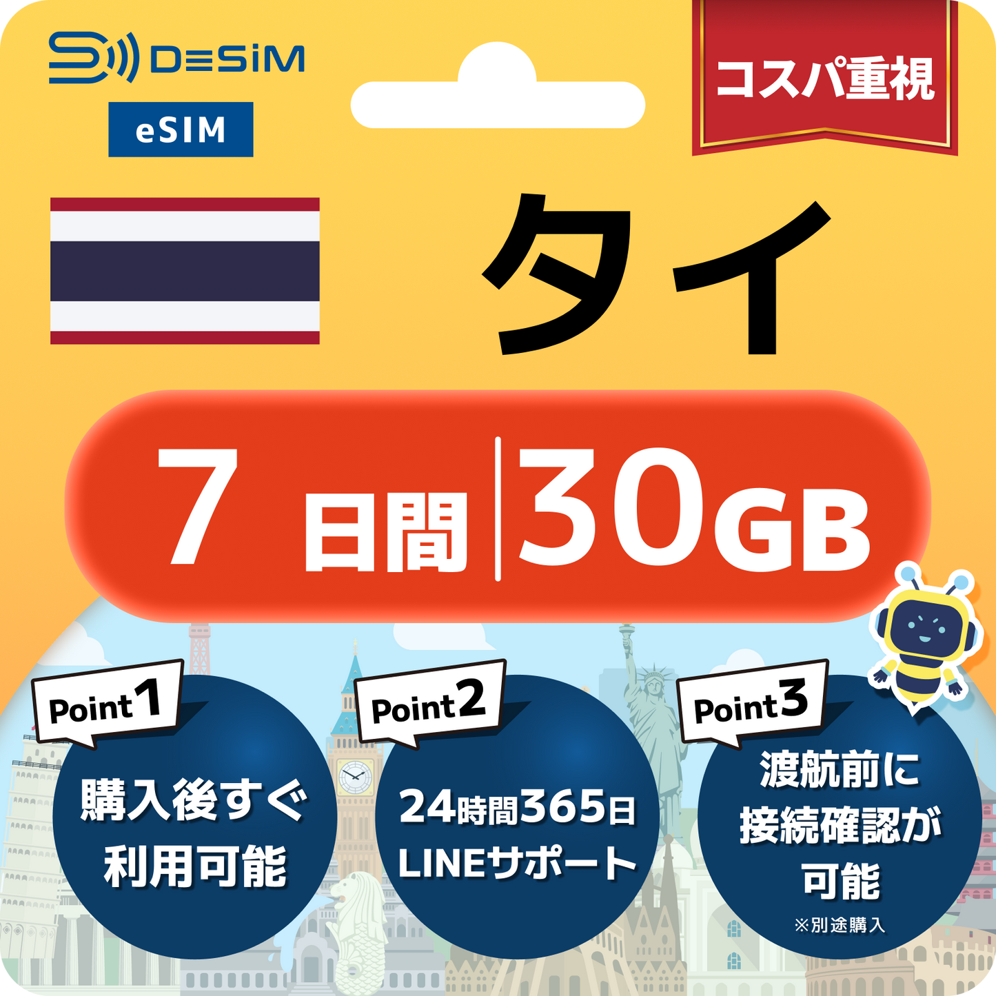 タイ eSIM（ 1~10日間）500MB～50GB選択可能 即日開通 テザリング対応