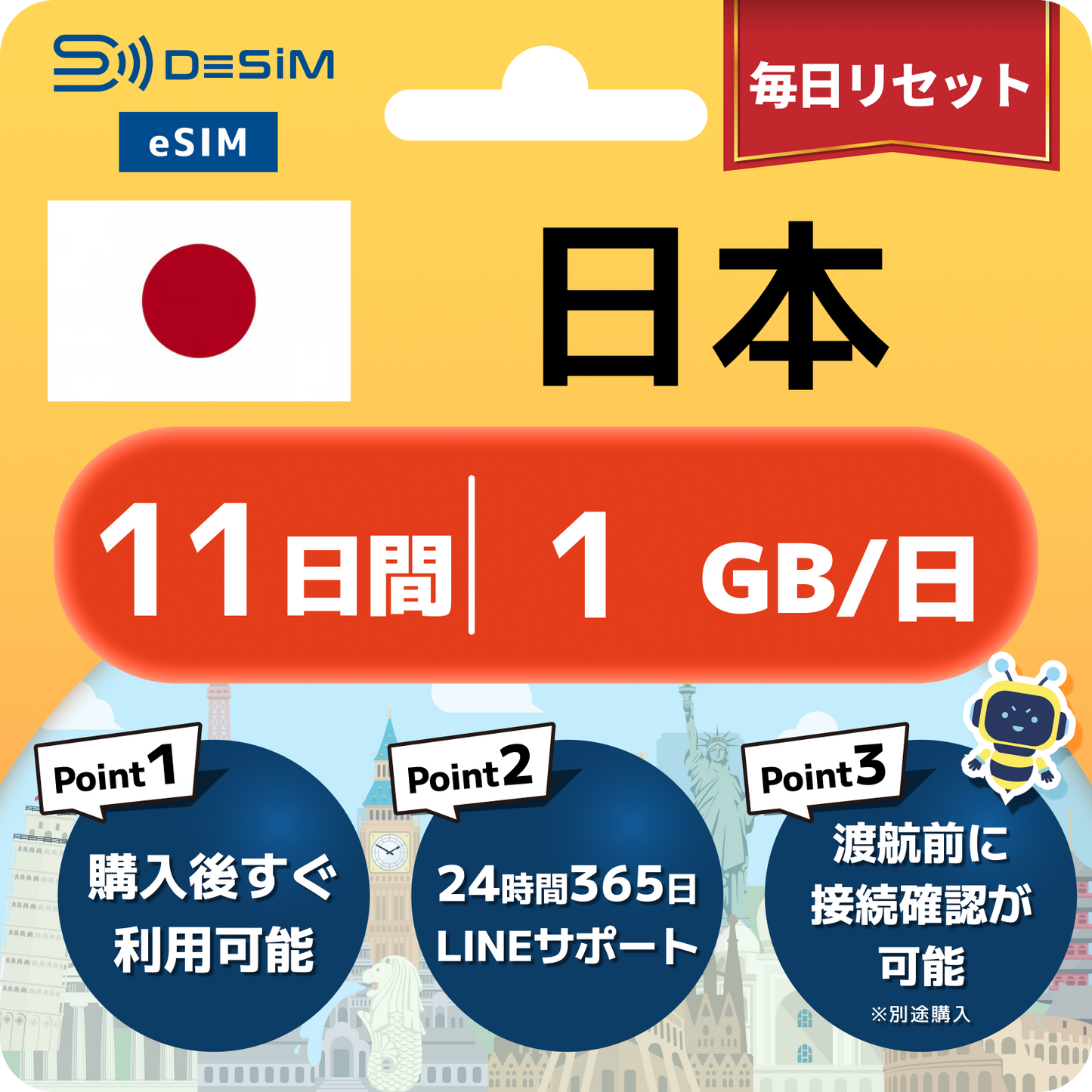 日本 eSIM（11~20日間）500MB～50GB選択可能 即日開通 テザリング対応