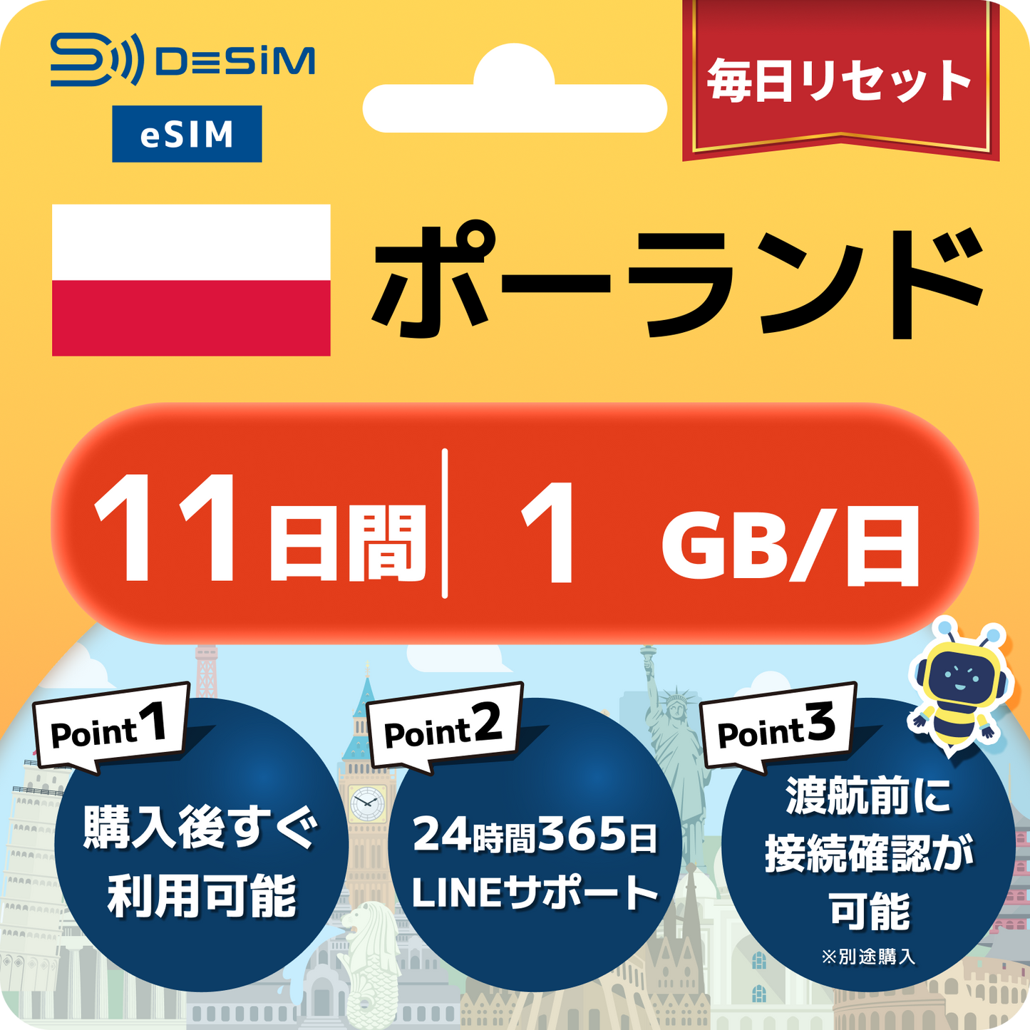 ポーランド eSIM（11~20日間）500MB～50GB選択可能 即日開通 テザリング対応