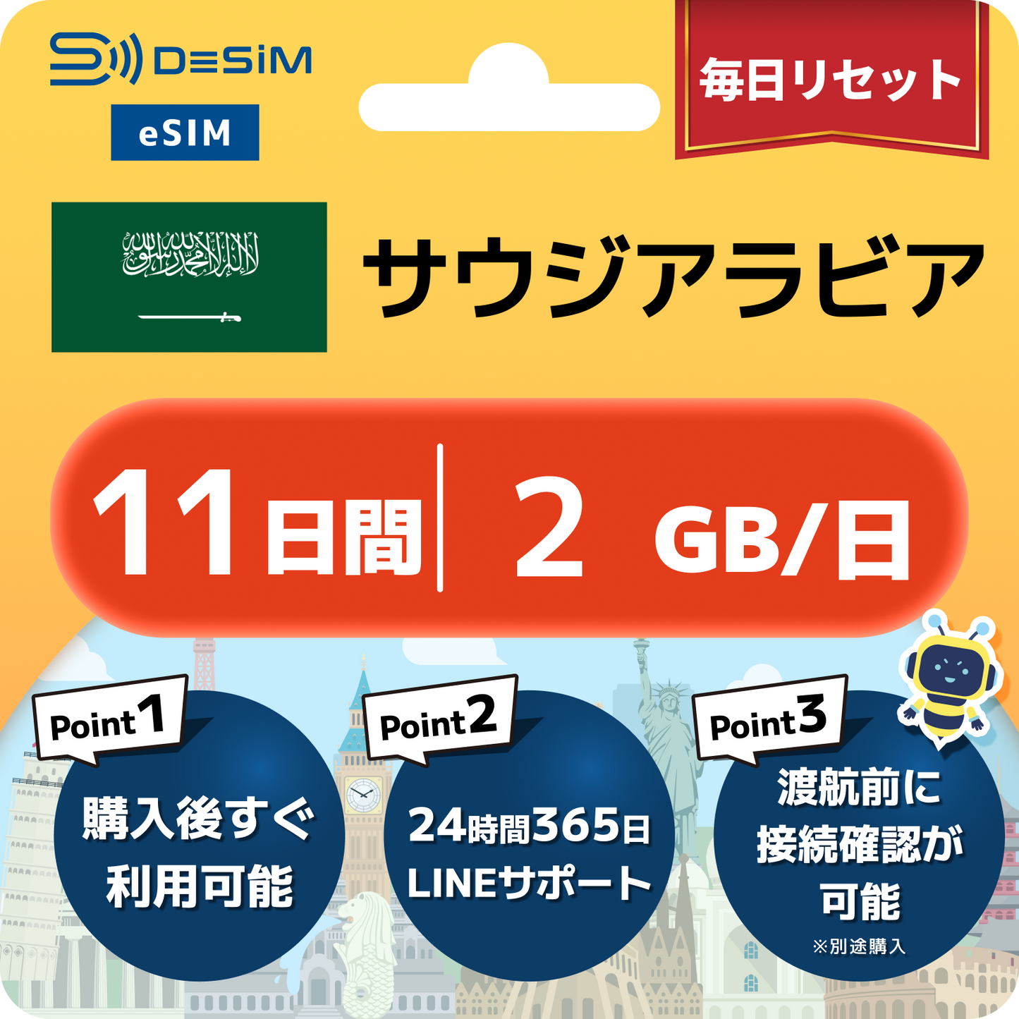 サウジアラビア eSIM（11~20日間）500MB～50GB選択可能 即日開通 テザリング対応