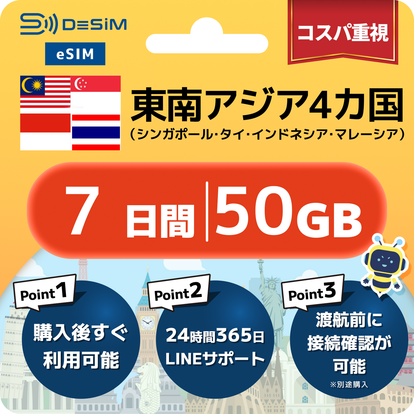東南アジア eSIM（ 1~10日間）500MB～50GB選択可能 即日開通 テザリング対応