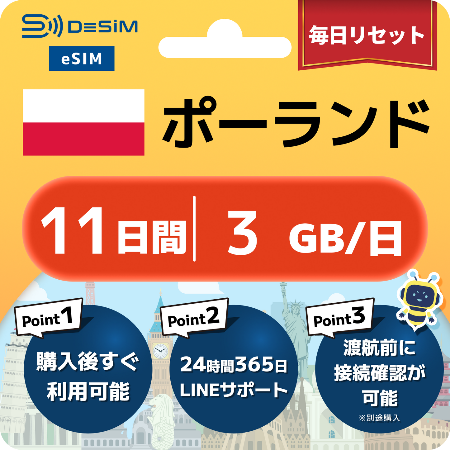 ポーランド eSIM（11~20日間）500MB～50GB選択可能 即日開通 テザリング対応