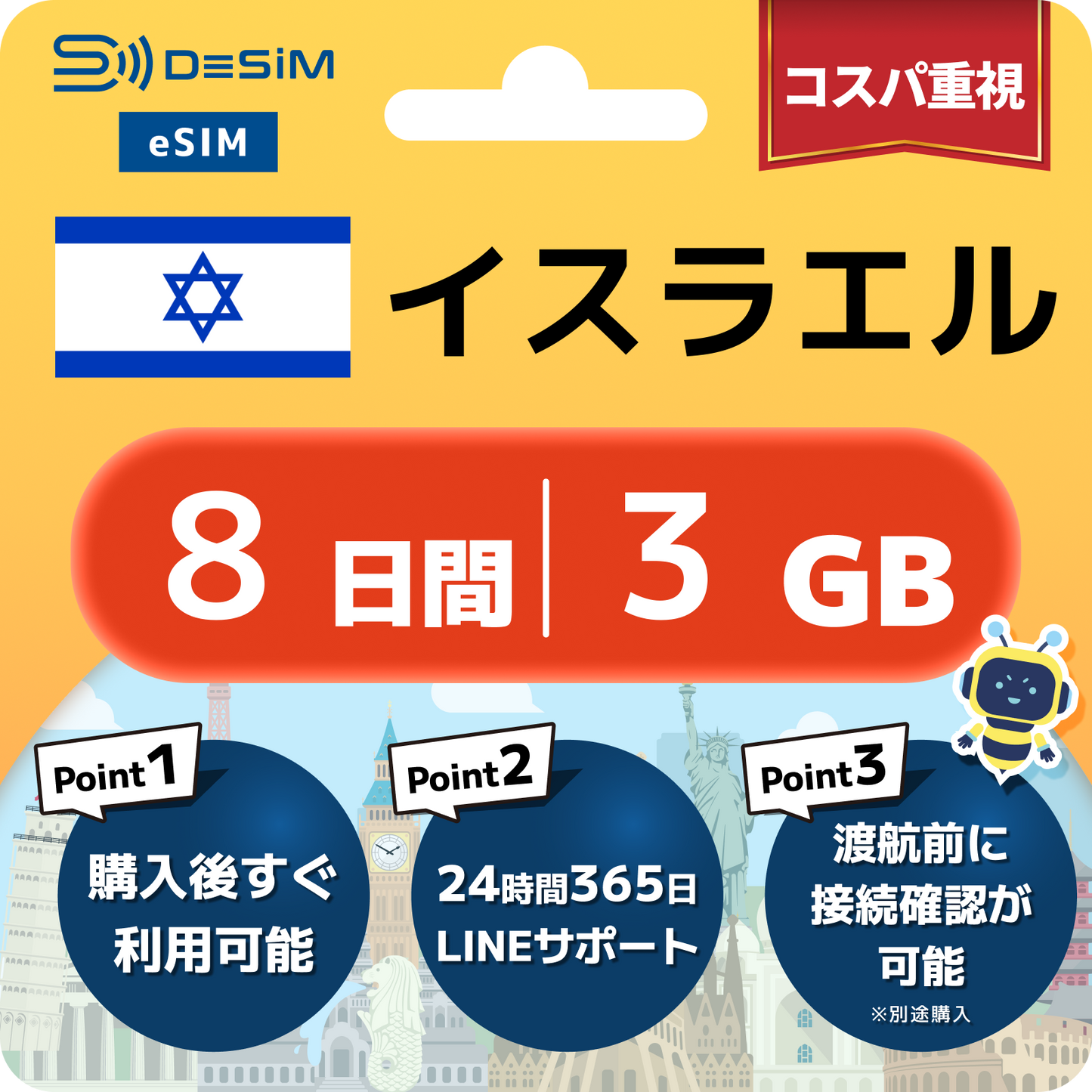 イスラエル eSIM（ 1~10日間）500MB～50GB選択可能 即日開通 テザリング対応