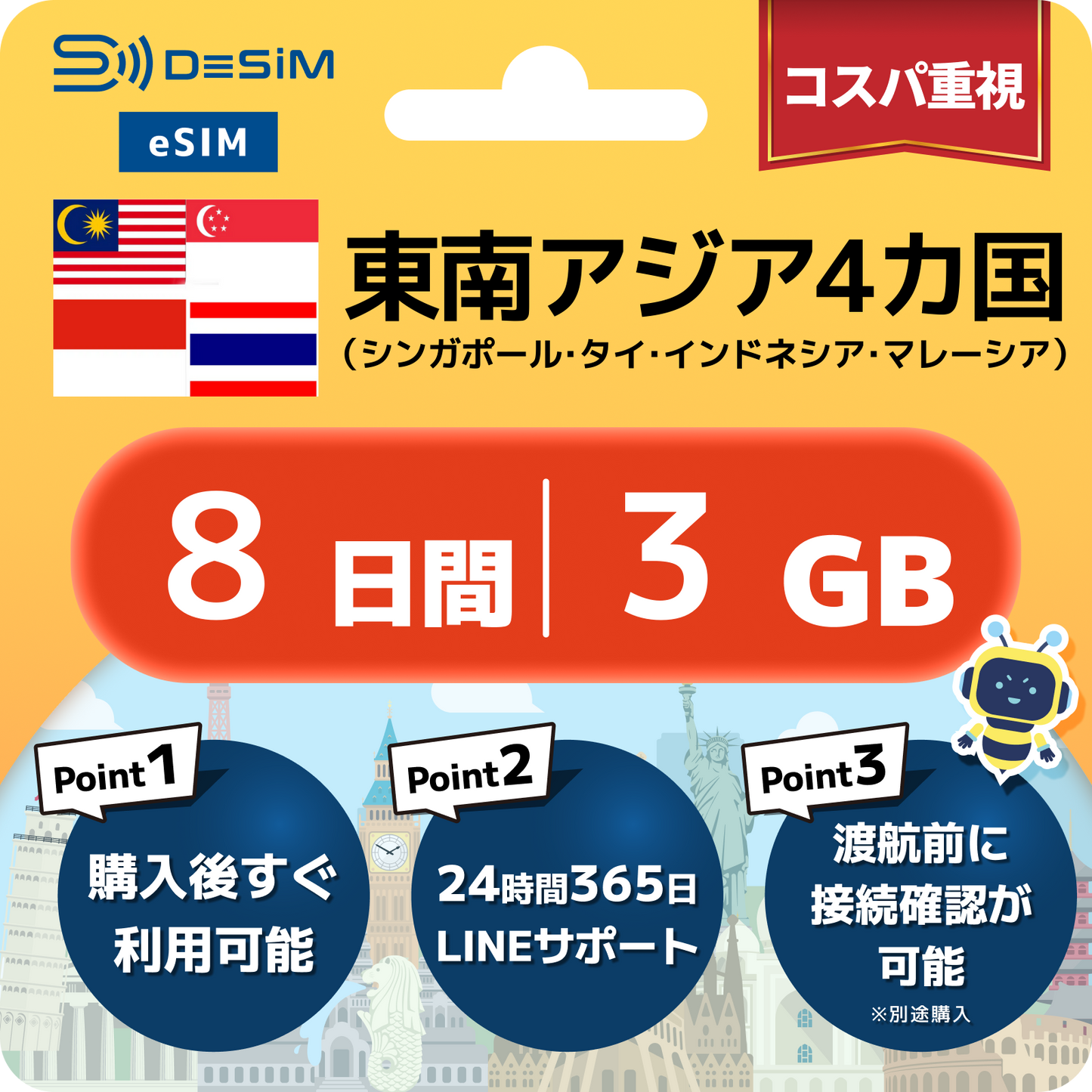 東南アジア eSIM（ 1~10日間）500MB～50GB選択可能 即日開通 テザリング対応
