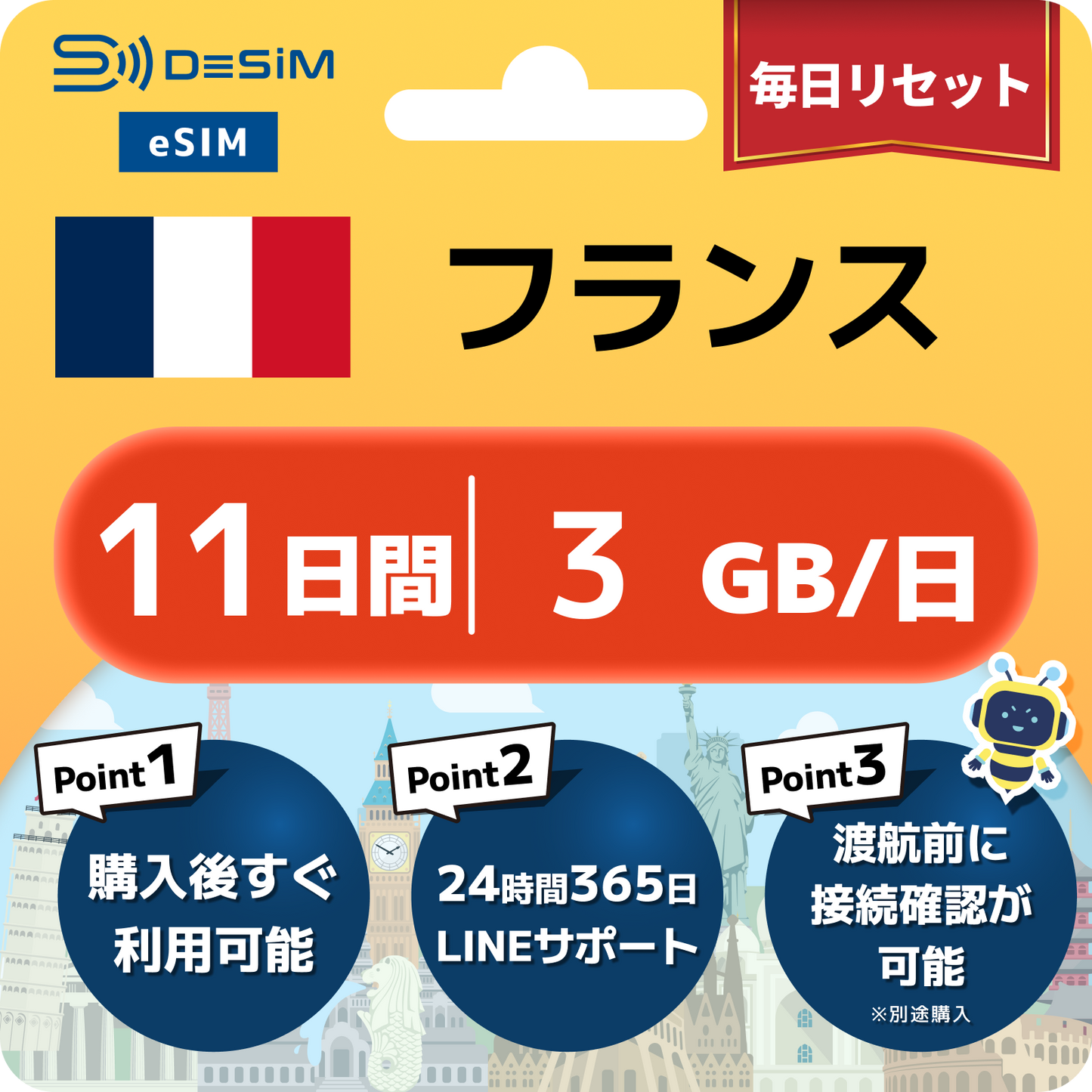 フランス eSIM（11~20日間）500MB～50GB選択可能 即日開通 テザリング対応