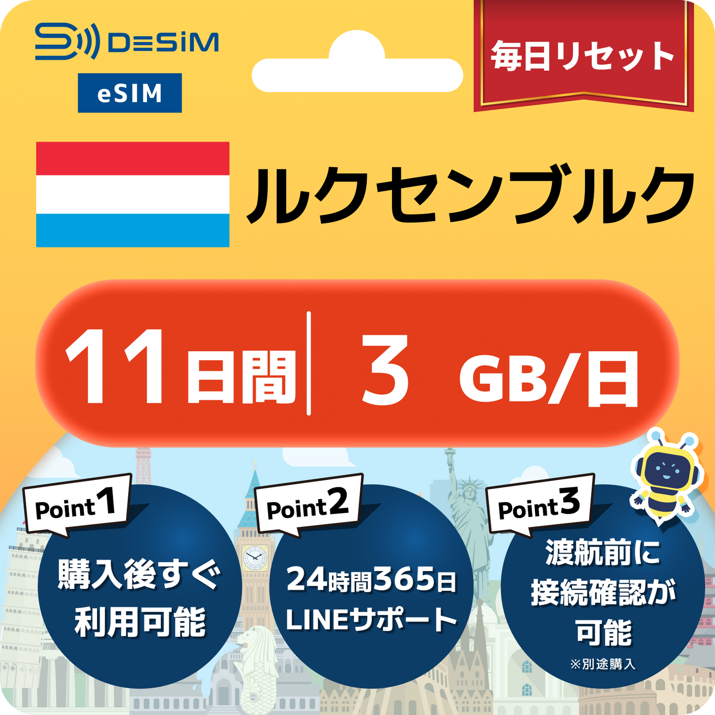 ルクセンブルク eSIM（11~20日間）500MB～50GB選択可能 即日開通 テザリング対応