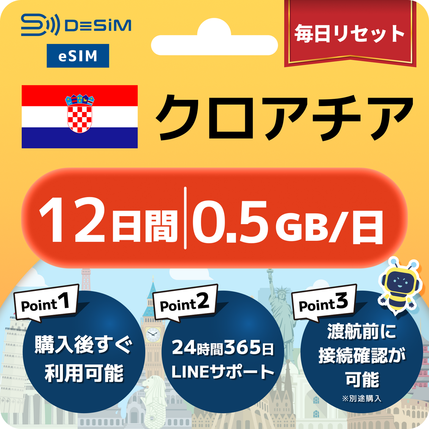 クロアチア eSIM（11~20日間）500MB～50GB選択可能 即日開通 テザリング対応