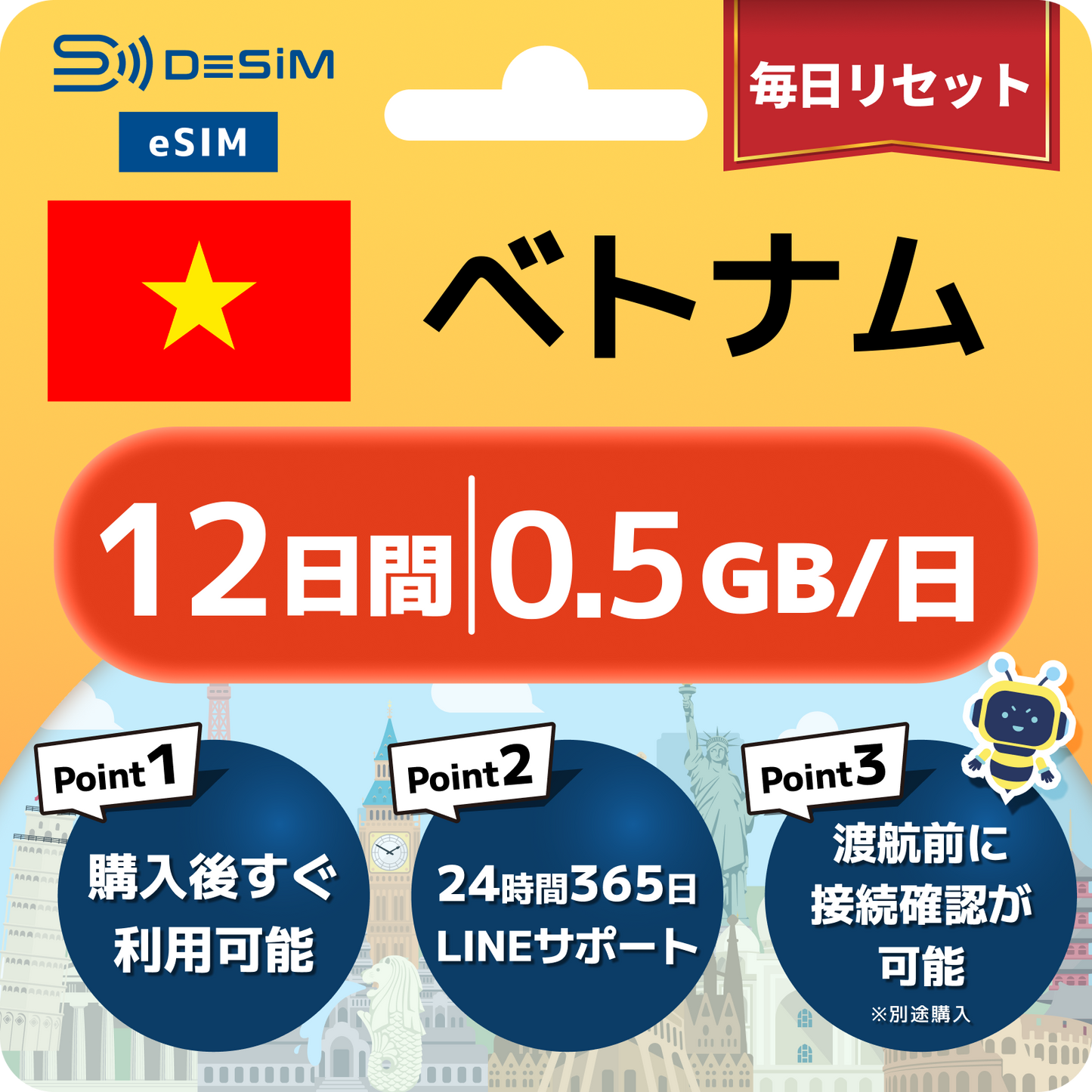 ベトナム eSIM（11~20日間）500MB～50GB選択可能 即日開通 テザリング対応