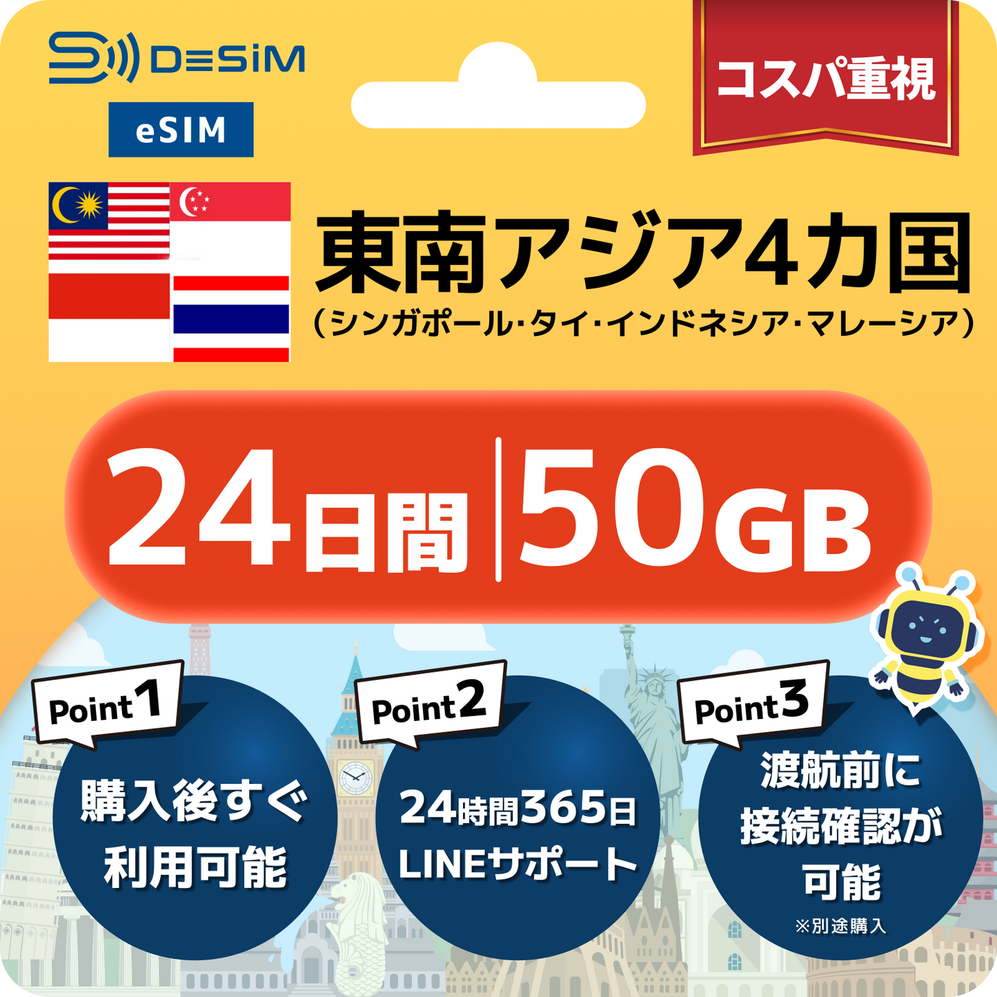 東南アジア eSIM（21~30日間）500MB～50GB選択可能 即日開通 テザリング対応