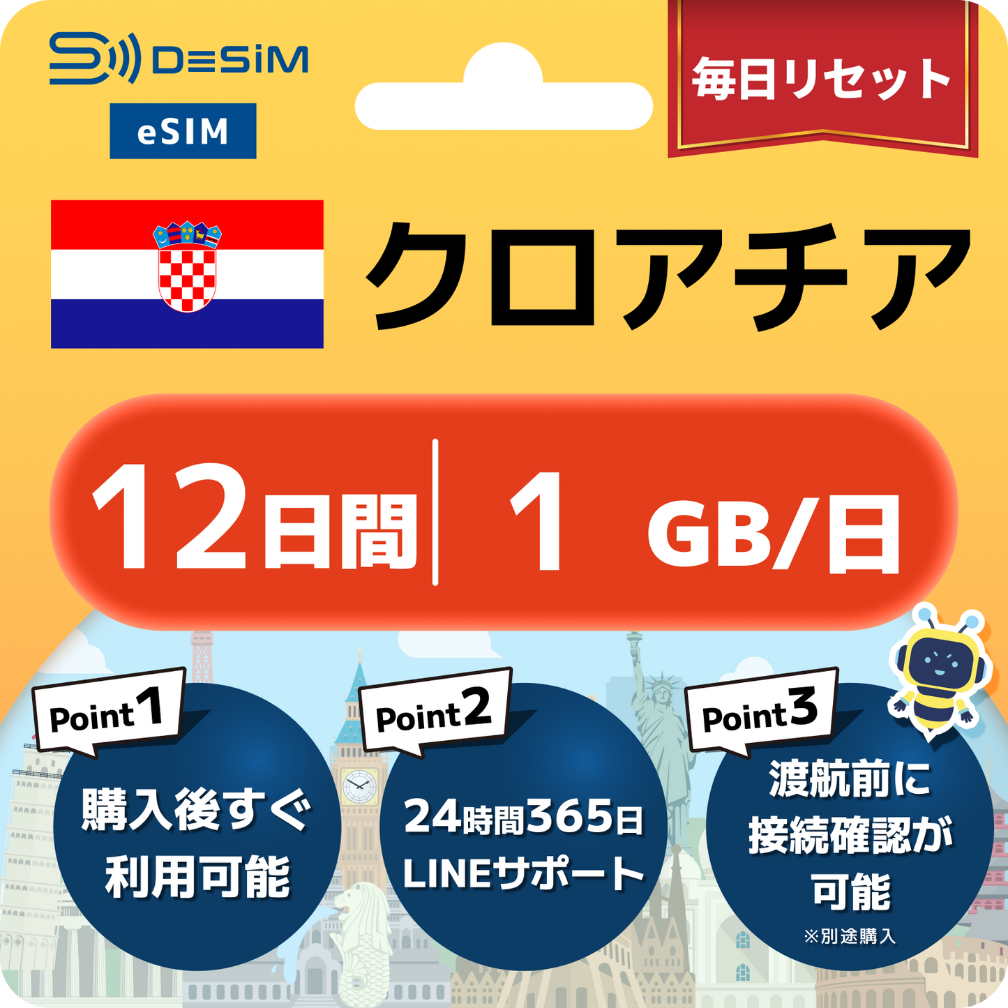 クロアチア eSIM（11~20日間）500MB～50GB選択可能 即日開通 テザリング対応