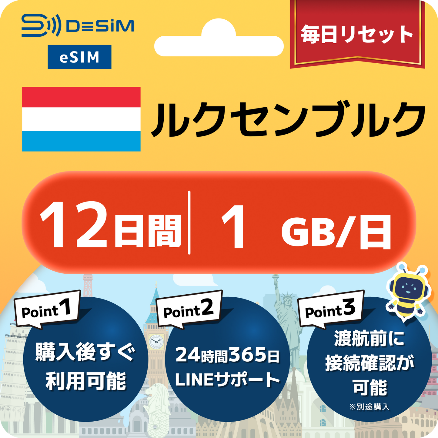 ルクセンブルク eSIM（11~20日間）500MB～50GB選択可能 即日開通 テザリング対応