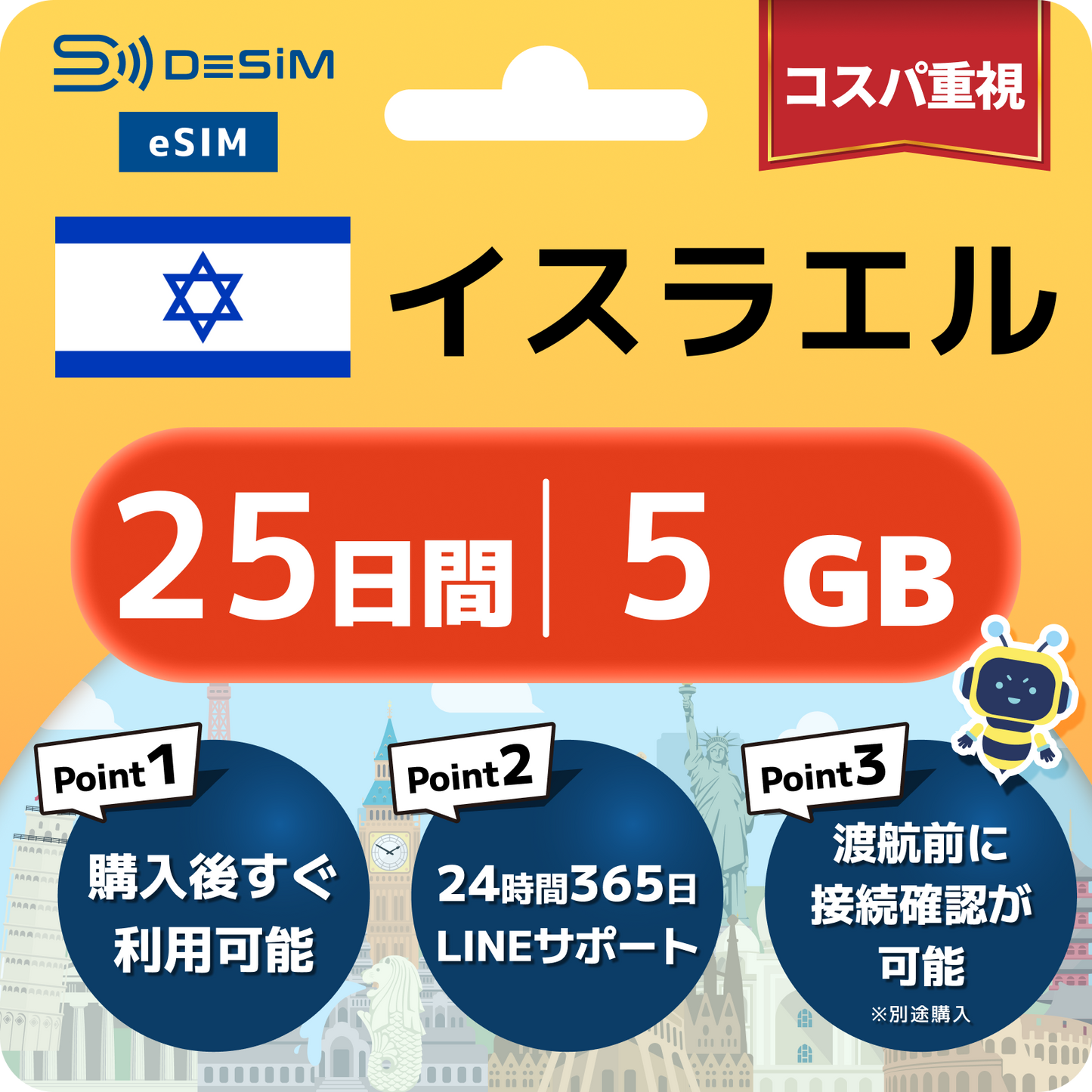 イスラエル eSIM（21~30日間）500MB～50GB選択可能 即日開通 テザリング対応