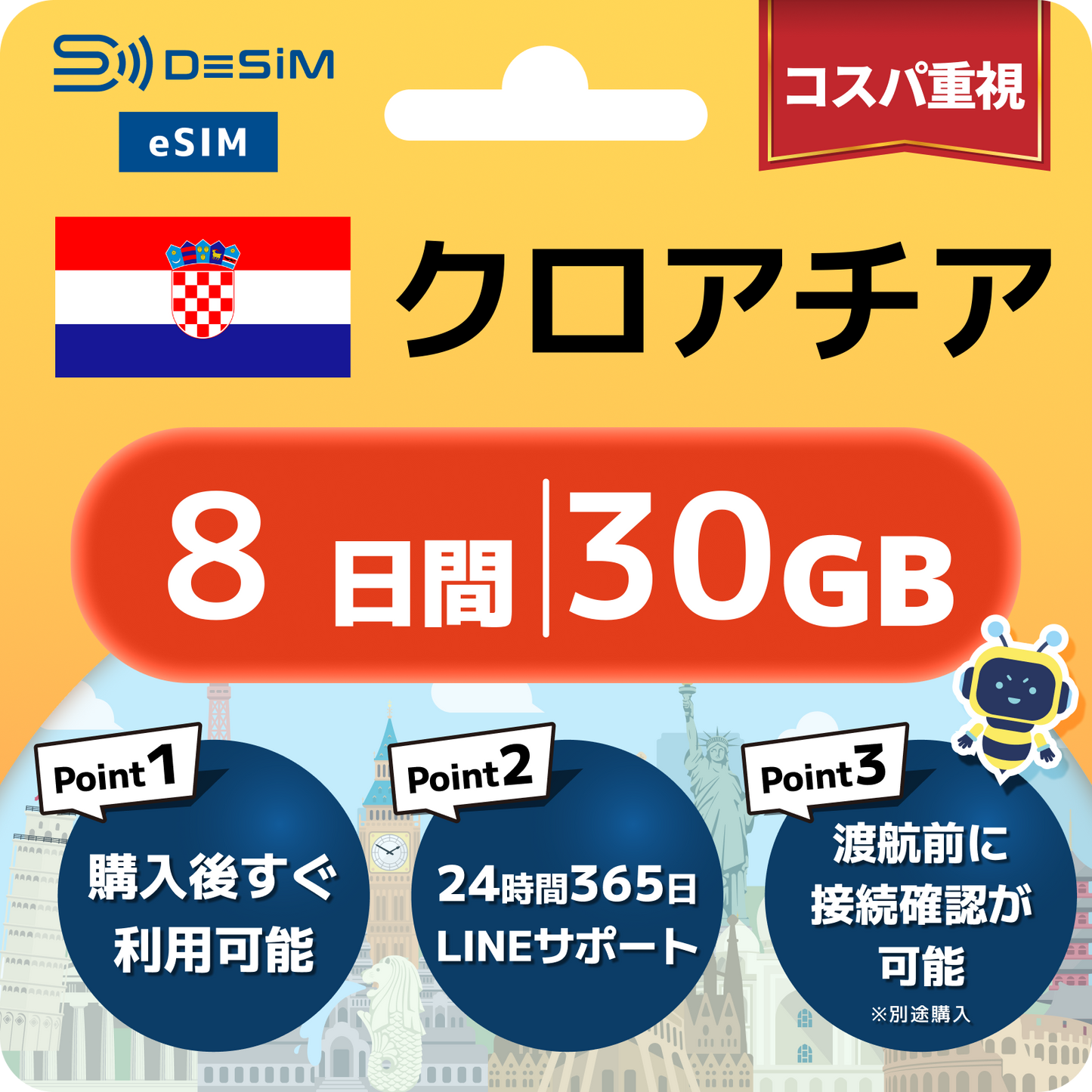 クロアチア eSIM（ 1~10日間）500MB～50GB選択可能 即日開通 テザリング対応