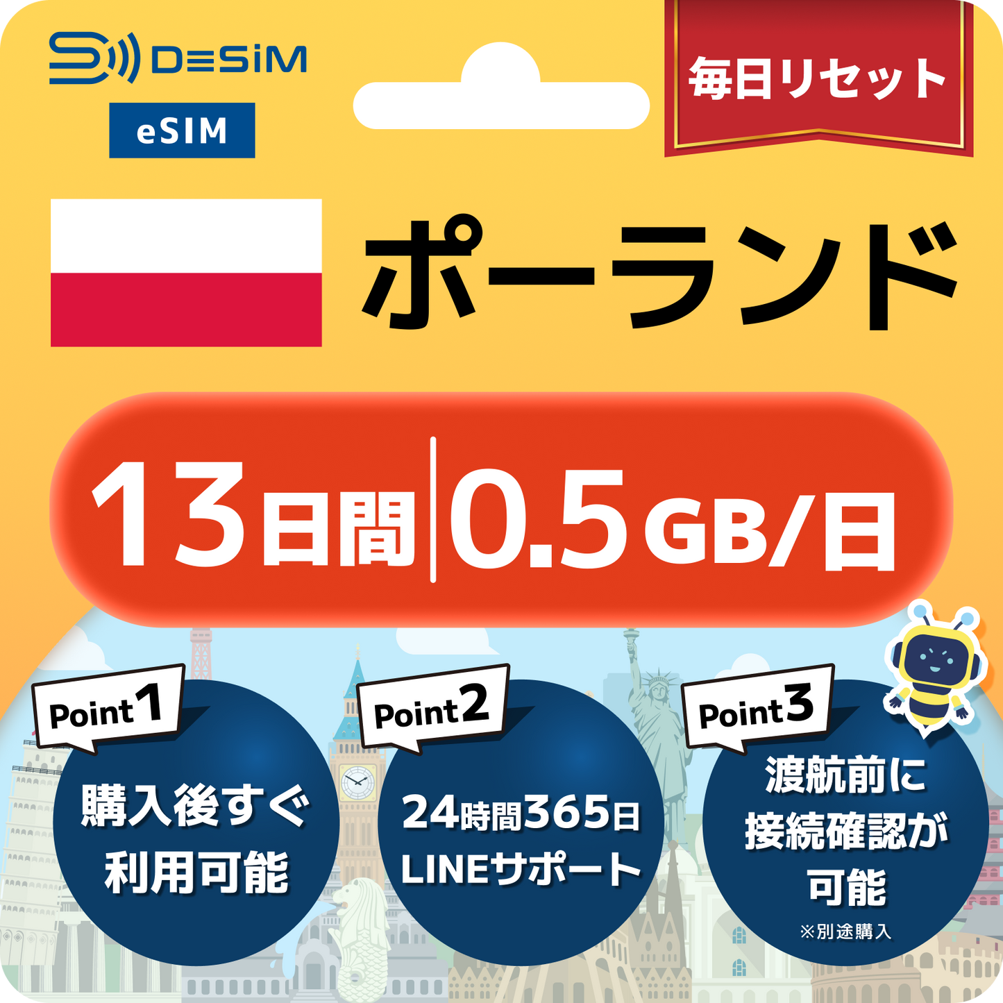 ポーランド eSIM（11~20日間）500MB～50GB選択可能 即日開通 テザリング対応