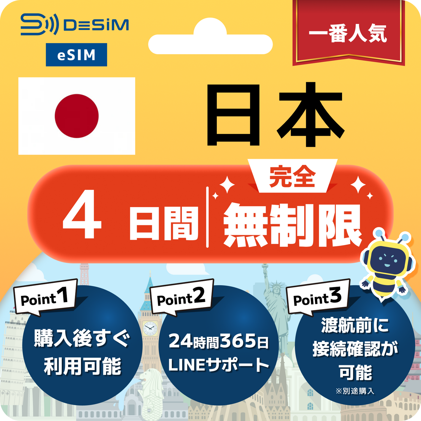 日本 eSIM（1~30日間） 完全無制限eSIM 即日開通 テザリング対応