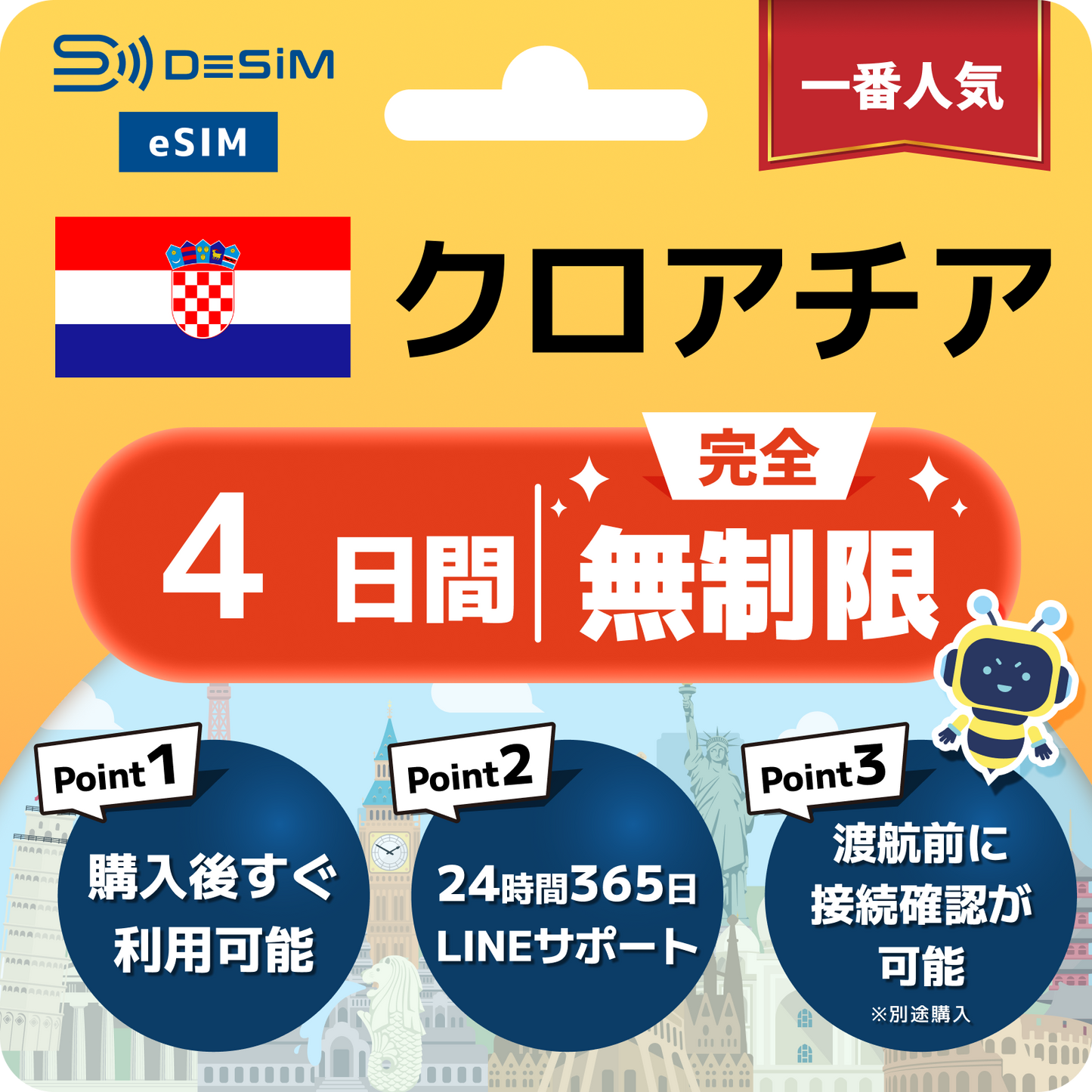 クロアチア eSIM（1~30日間） 完全無制限eSIM 即日開通 テザリング対応