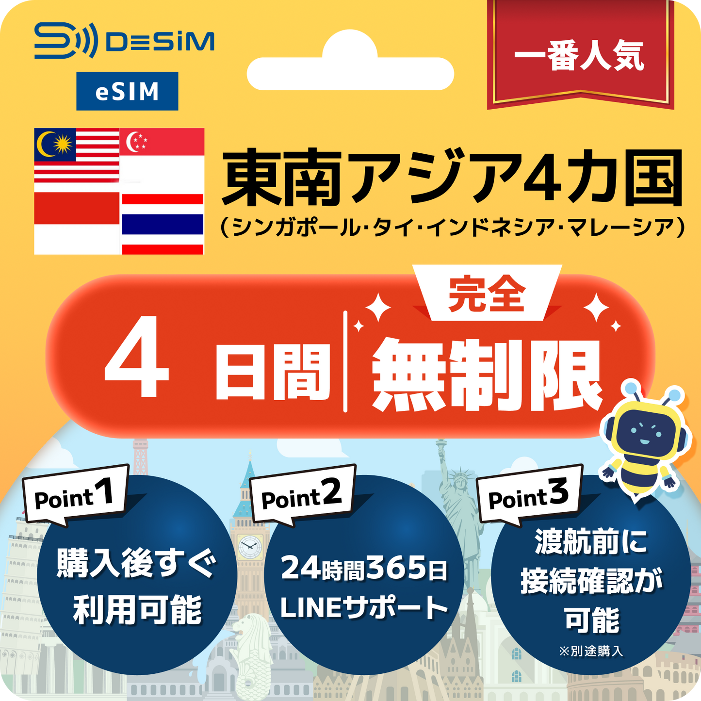 東南アジア4カ国 eSIM（1~30日間） 完全無制限eSIM 即日開通 テザリング対応