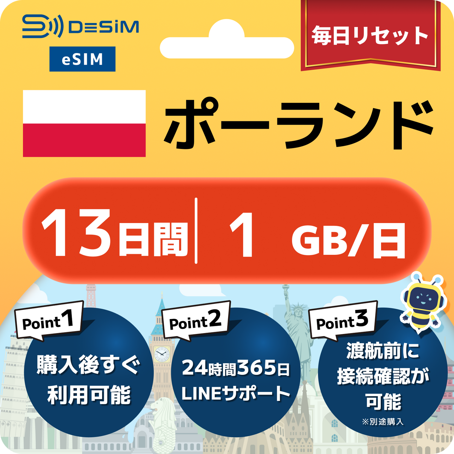 ポーランド eSIM（11~20日間）500MB～50GB選択可能 即日開通 テザリング対応