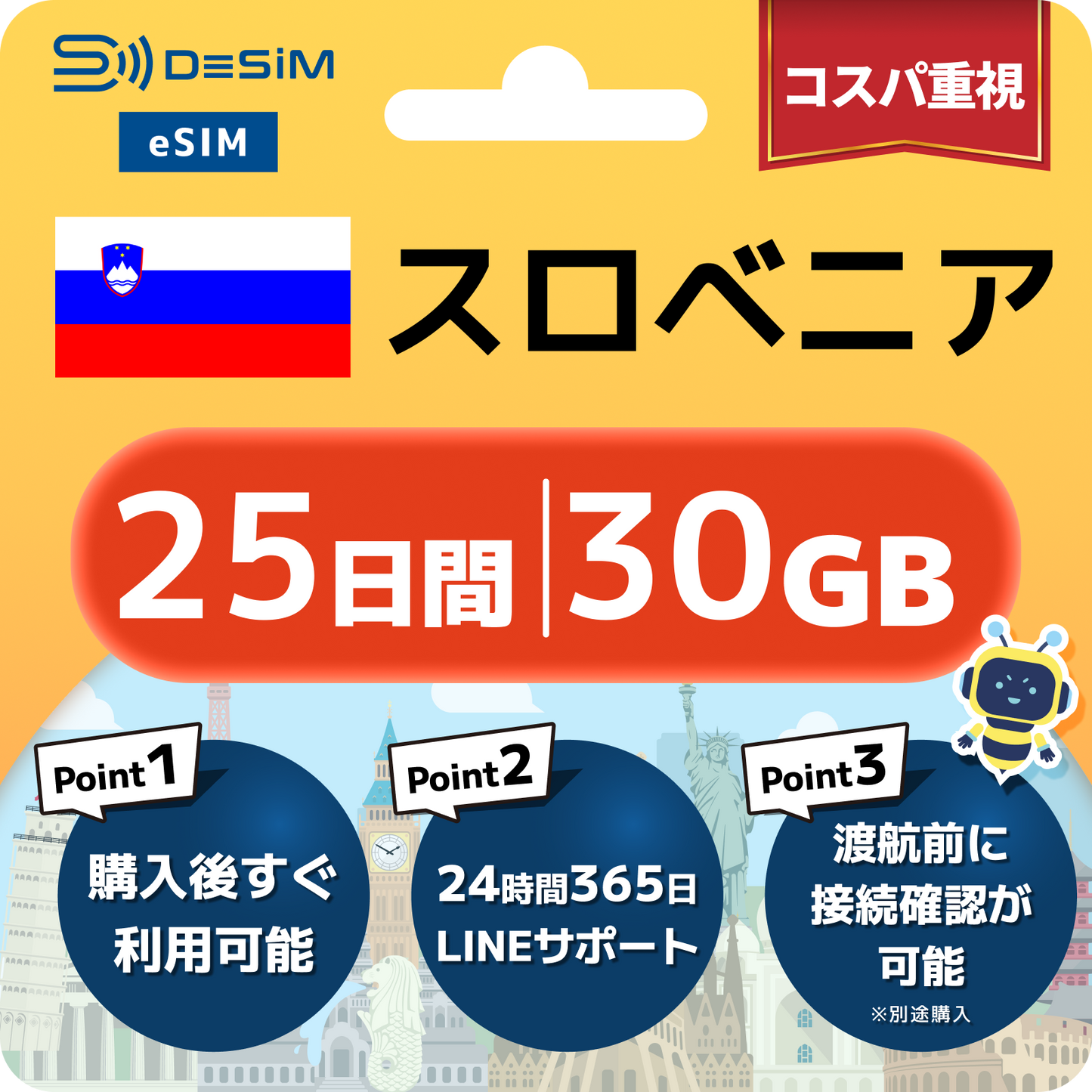 スロベニア eSIM（21~30日間）500MB～50GB選択可能 即日開通 テザリング対応