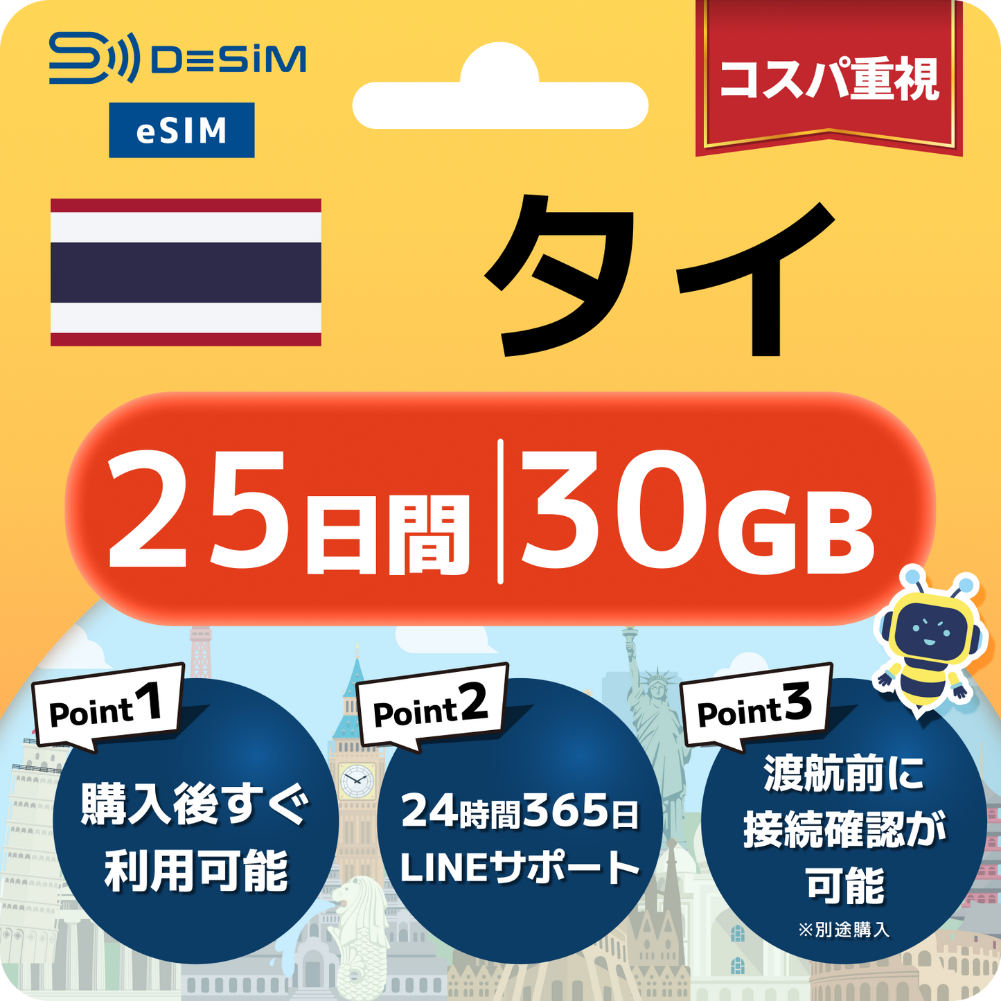 タイ eSIM（21~30日間）500MB～50GB選択可能 即日開通 テザリング対応