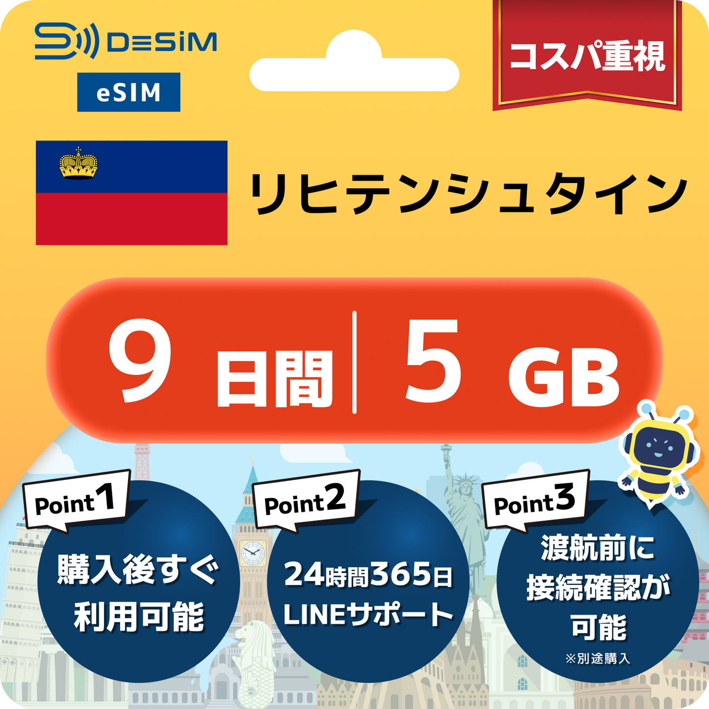 リヒテンシュタイン eSIM（ 1~10日間）500MB～50GB選択可能 即日開通 テザリング対応