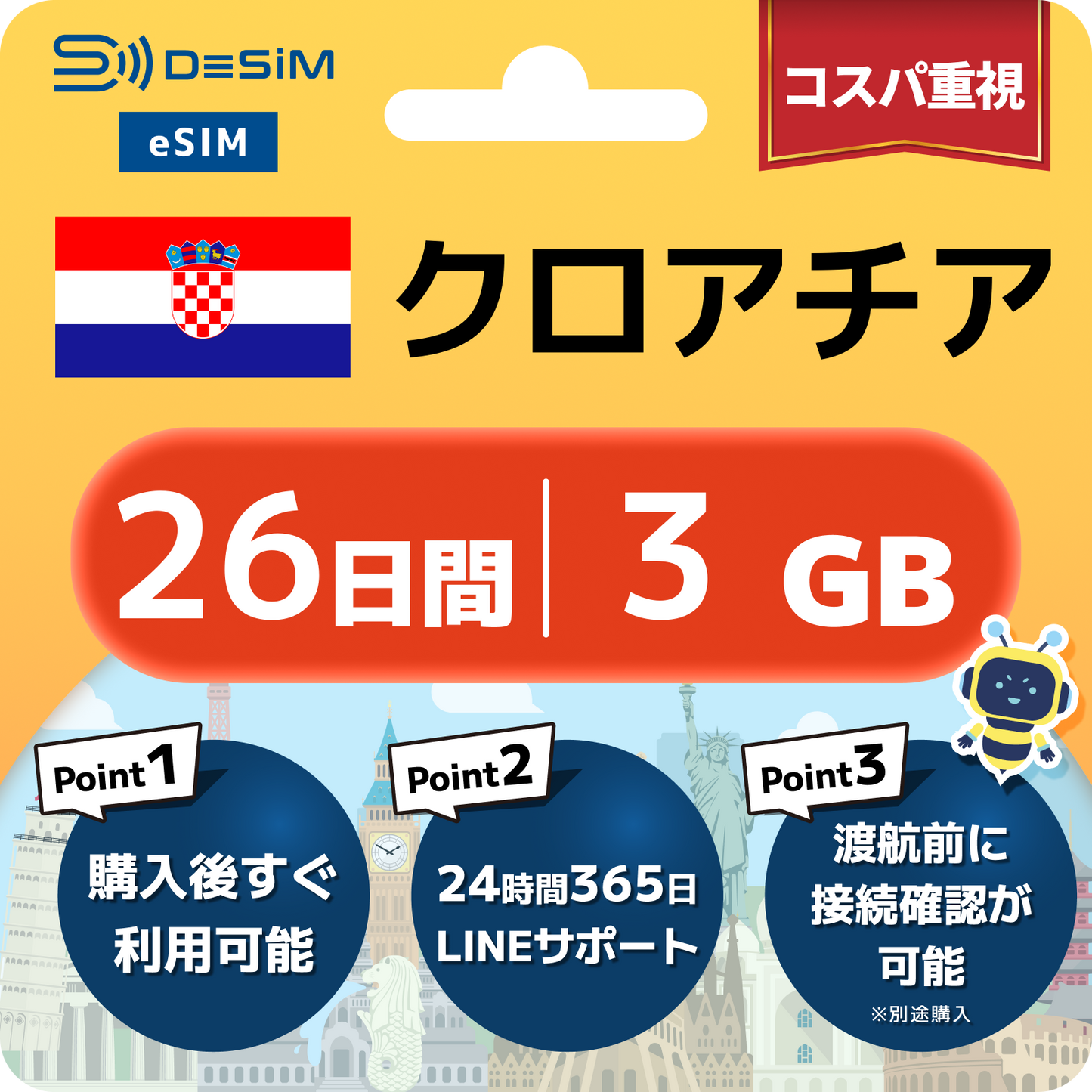 クロアチア eSIM（21~30日間）500MB～50GB選択可能 即日開通 テザリング対応