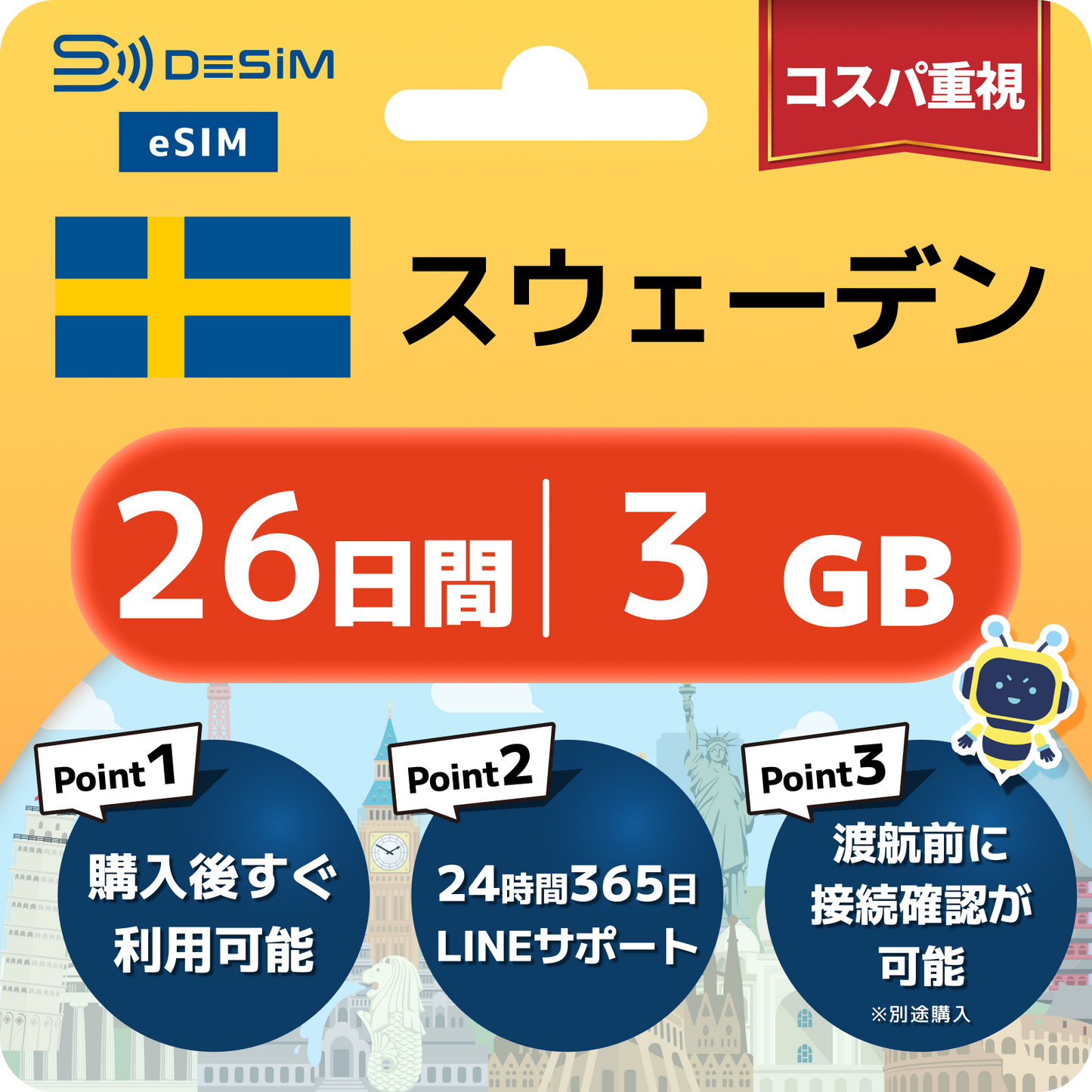 スウェーデン eSIM（21~30日間）500MB～50GB選択可能 即日開通 テザリング対応